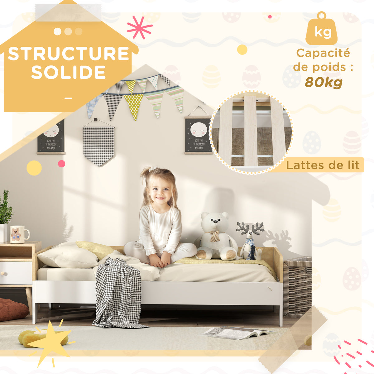 Lit enfant lit avec sommier à lattes avec panneaux latéraux élevés conception basse en bois 143,5 x 74 x 40 cm blanc