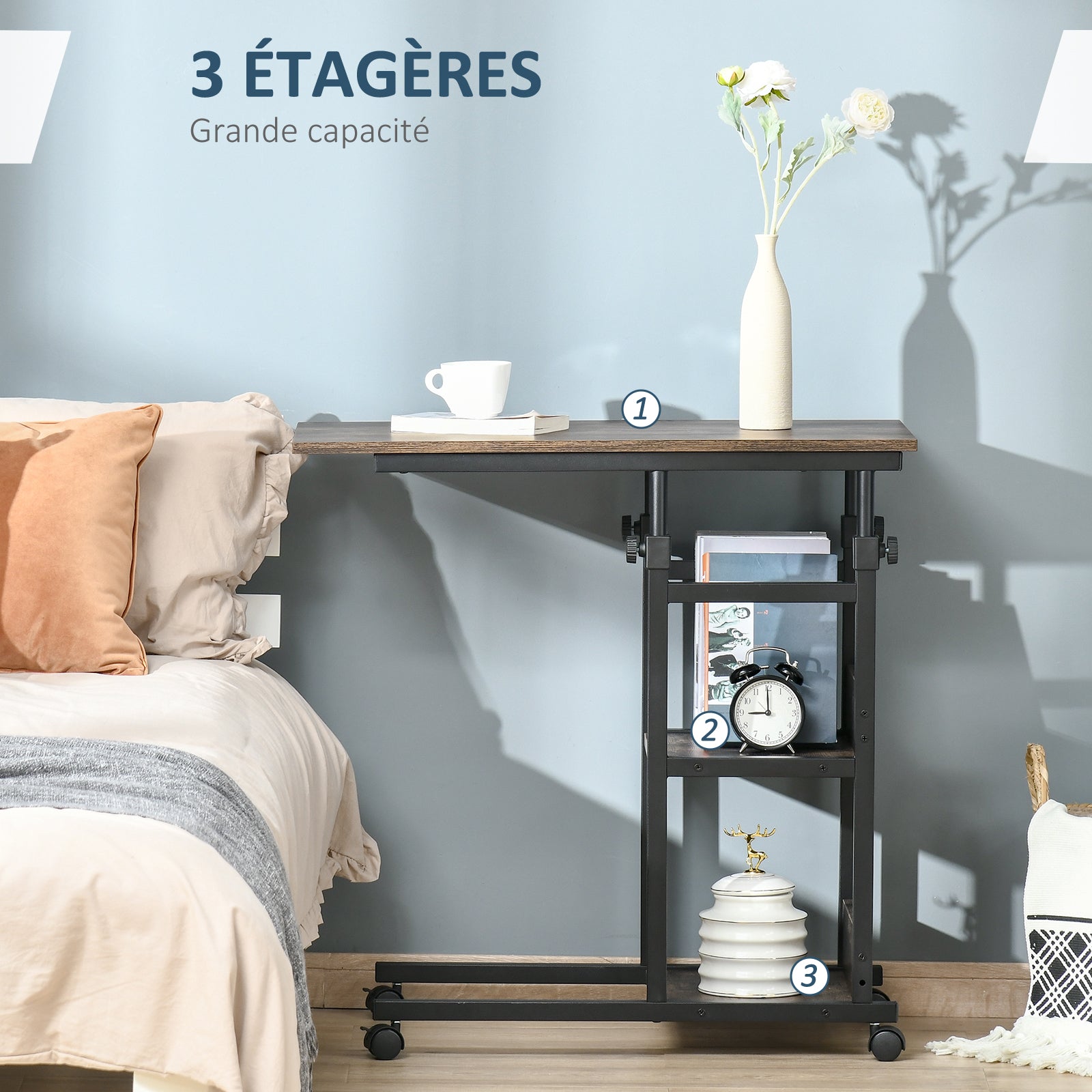 Table d'appoint Bout de canapé Table roulante Table de Lit pour Ordinateur Portable Hauteur réglable - 2 étagères intégrées - cadre métal, 80 x 40 x 72-82 cm, Marron