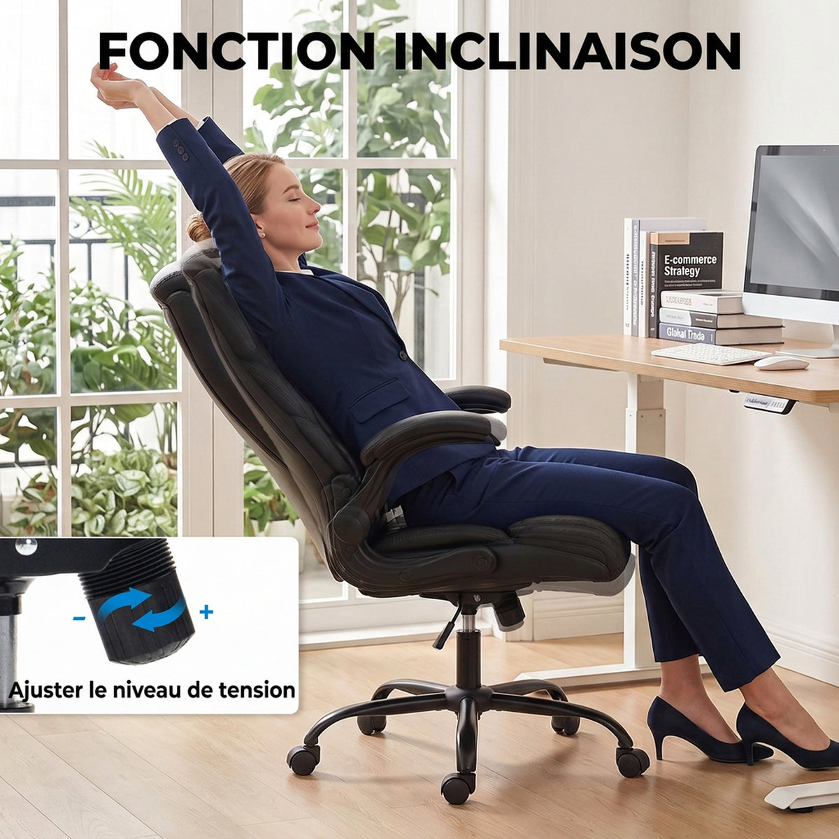 Sedia da ufficio ergonomica con braccioli sollevabili, poltrona da ufficio in PU, altezza regolabile, funzione basculante, nero