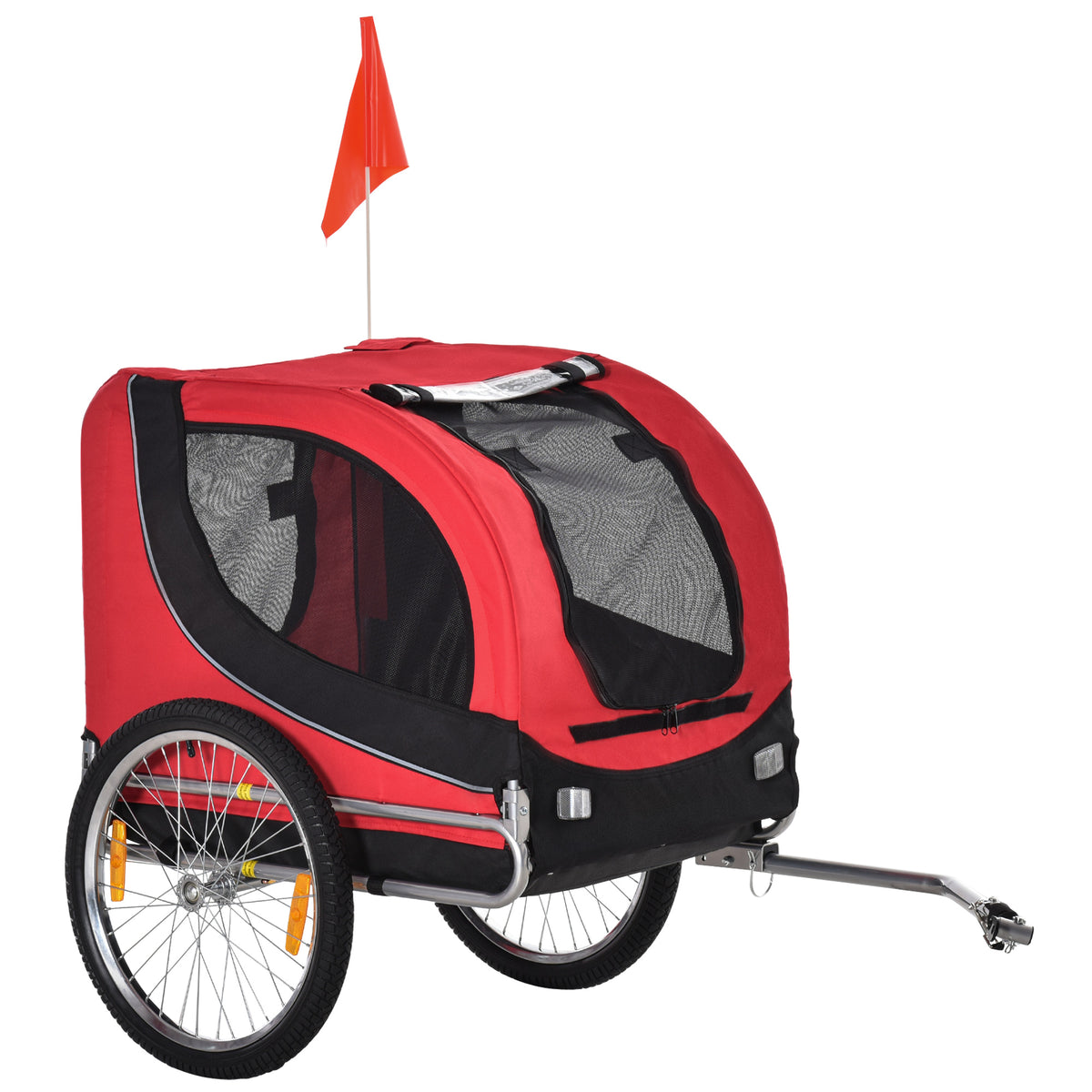 Remolque de bicicleta para perros y mascotas con 8 reflectores y bandera roja, negro