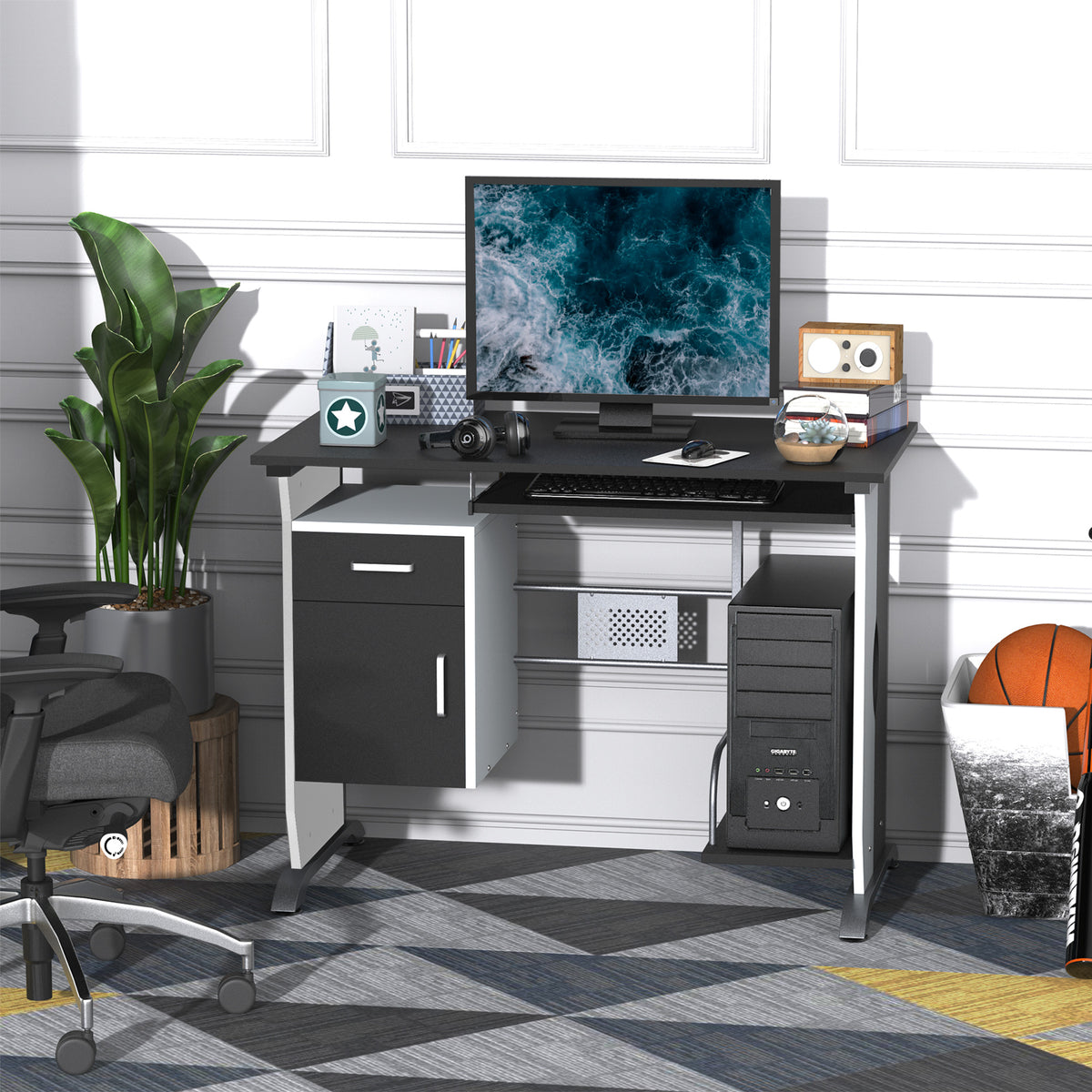 Bureau informatique design en mdf 100 L x 52 I x 75H cm noir et blanc