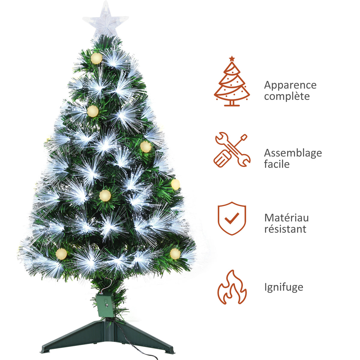 Sapin de Noël Artificiel Lumineux 90H cm Fibre Optique LED + 14 Ampoules + Support Pied 90 Branches étoile Sommet Brillante Vert