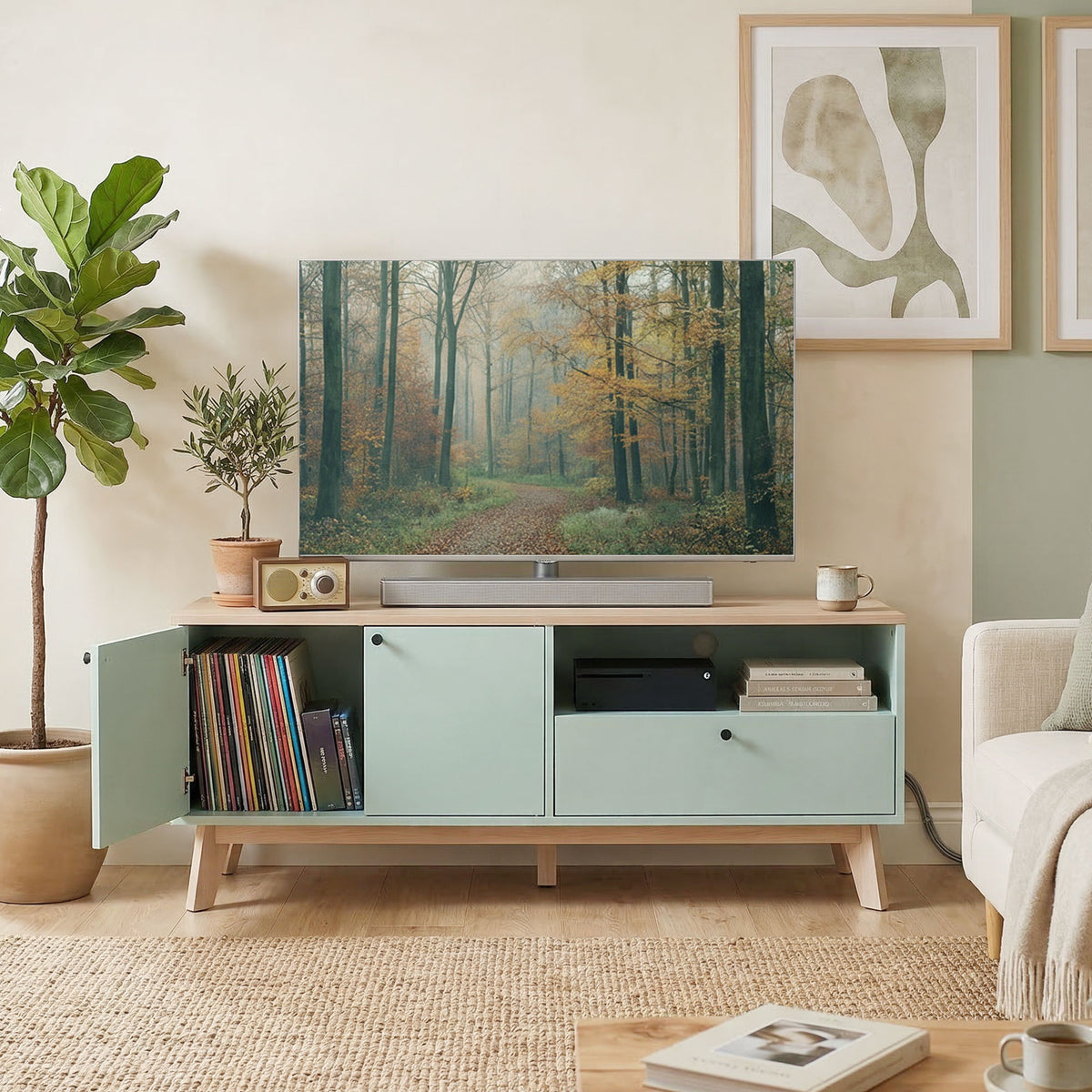 Meuble TV 120 cm, meuble télé pour téléviseur jusqu'à 36 pouces avec 2 portes, tiroir, compartiment ouvert, vert clair