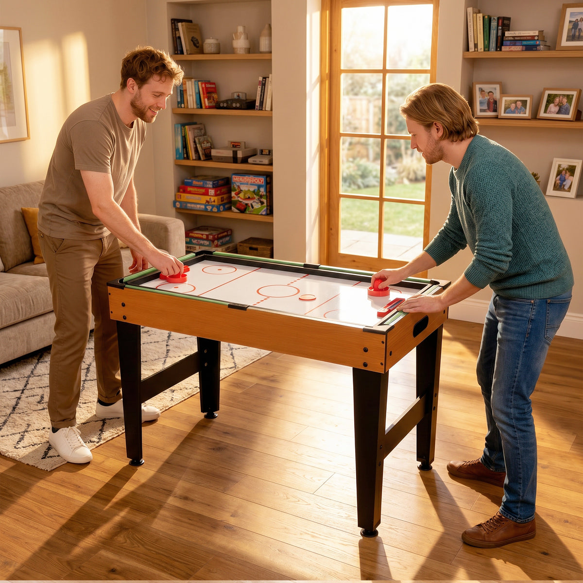 Table MultiJeux 5 en 1 Babyfoot Billard Air Hockey Ping-Pong et Basket Accessoires 134x108x144cm Marron Noyer