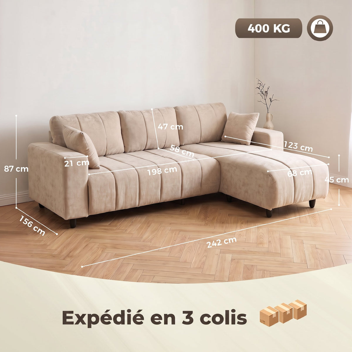 Canapé d'Angle Modulable 242 cm, Canapé 4 Places en L avec Méridienne Réversible, 2 Oreillers, Tissu Aspect Lin, Beige