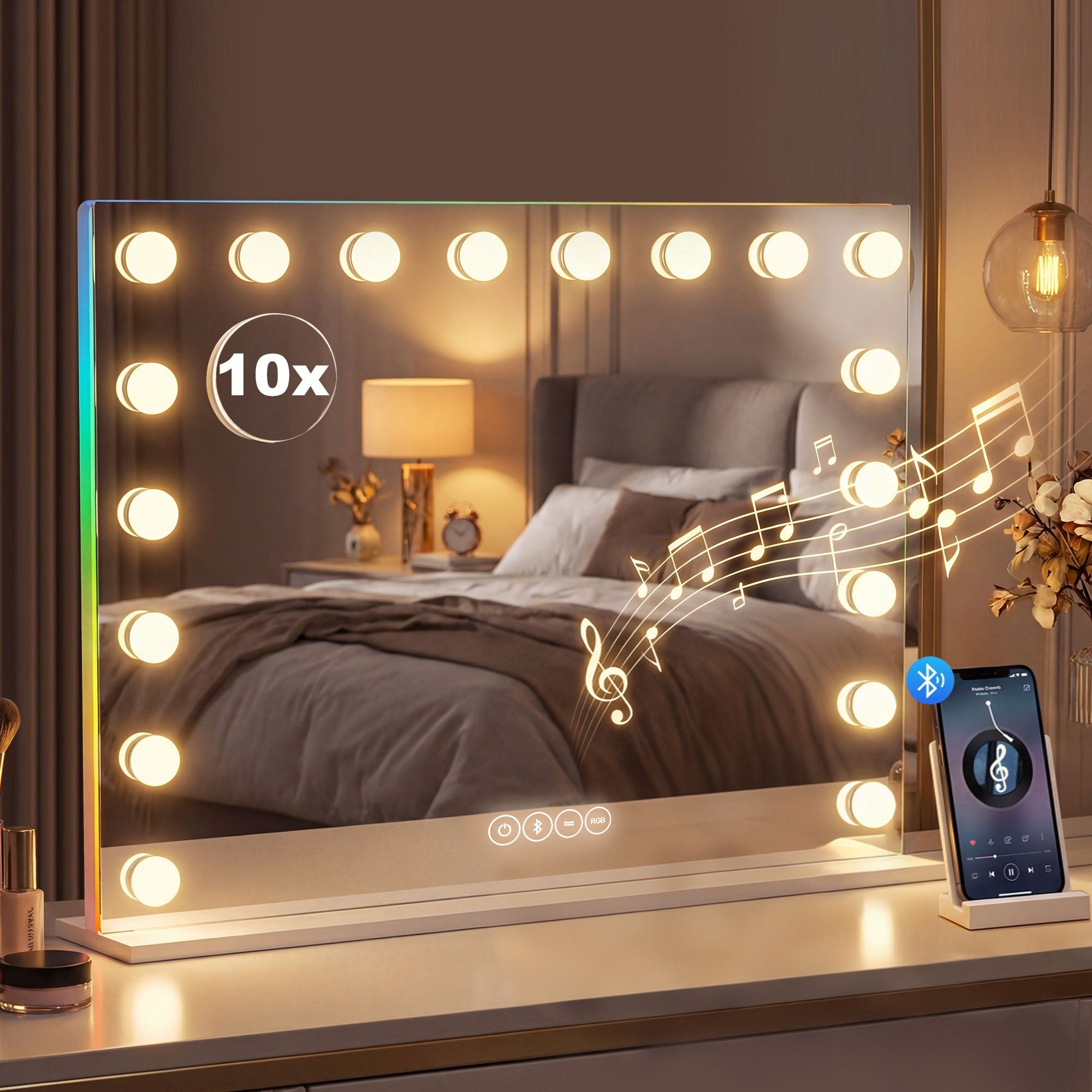 Hollywood makillaje-ispilua, 18 LED bonbilla, 3 argiztapen kolore, RGB argia, Bluetooth bozgorailua, zuria