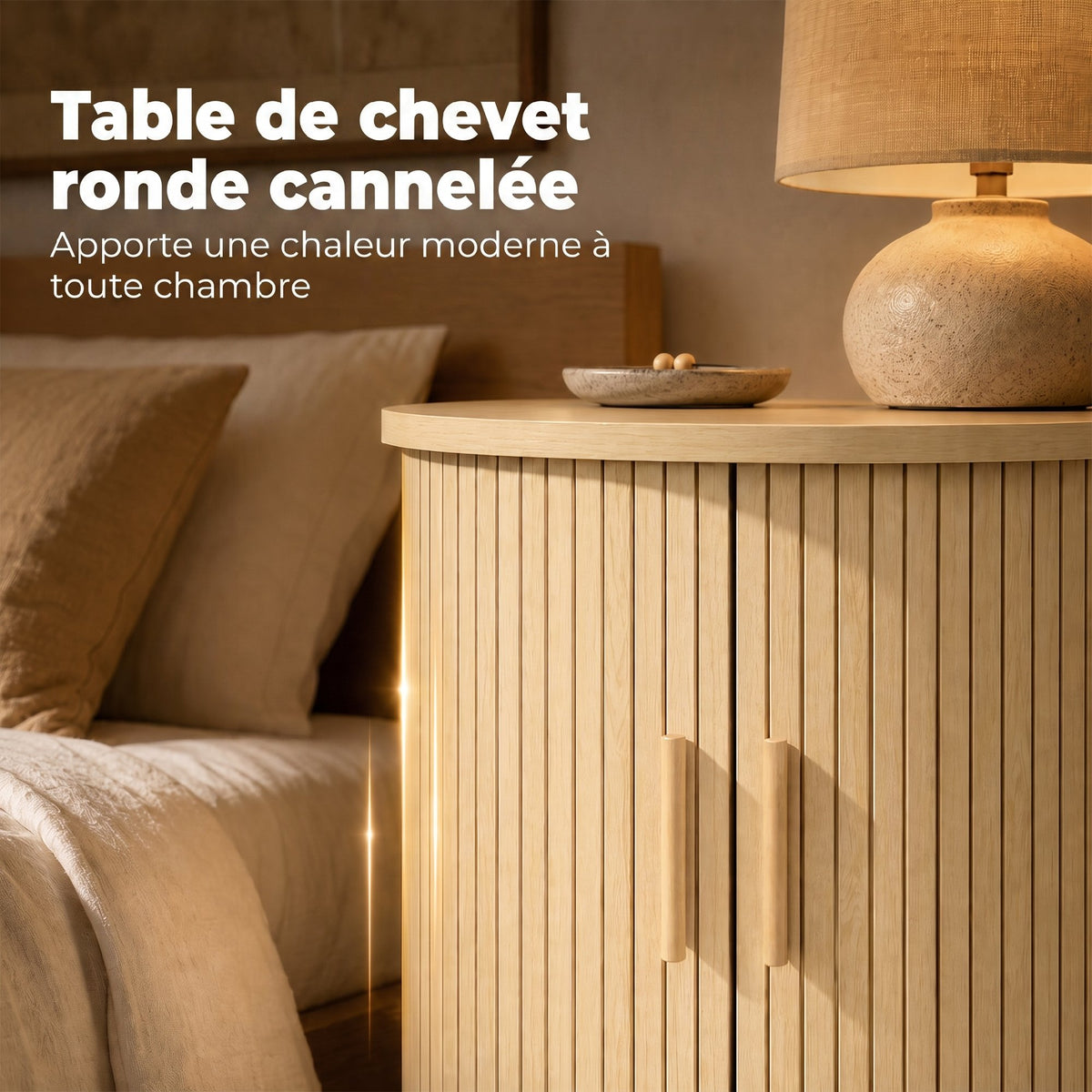 Table de Chevet, Table de Nuit Ronde Cannelée avec Porte Coulissante, pour Chambre à Coucher, Salon, 40x40x50cm, Chêne