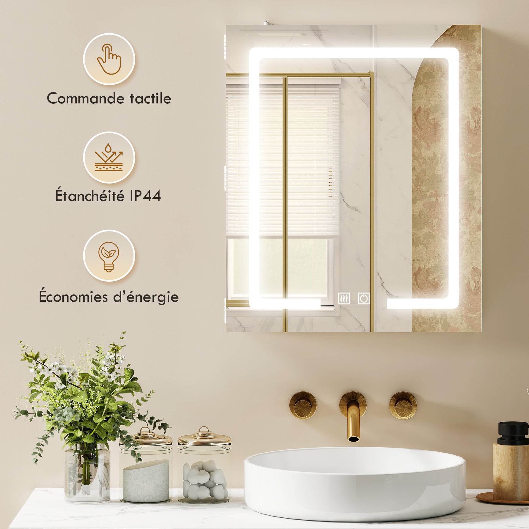 Armoire murale salle de bain avec miroir et éclairage LED, anti-buée, étagères réglables, 50 x 15 x 60 cm, blanc