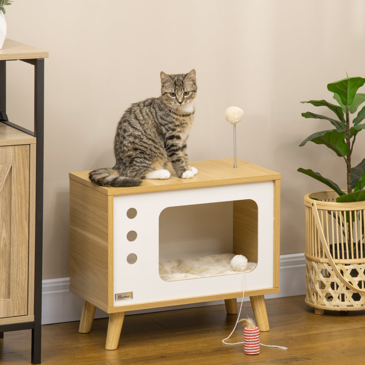 Maison niche pour chat forme de tv avec coussin douillet et balle rebondissante - 50 x 28 x 43 cm