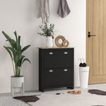 Armoire à chaussures 2 portes abattantes 2 compartiments poignées coquilles métal 79 x 23 x 90,5 cm noir chêne