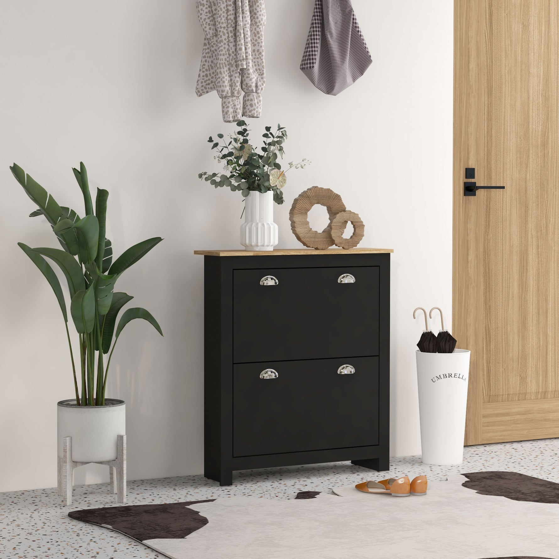 Armoire à chaussures 2 portes abattantes 2 compartiments poignées coquilles métal 79 x 23 x 90,5 cm noir chêne