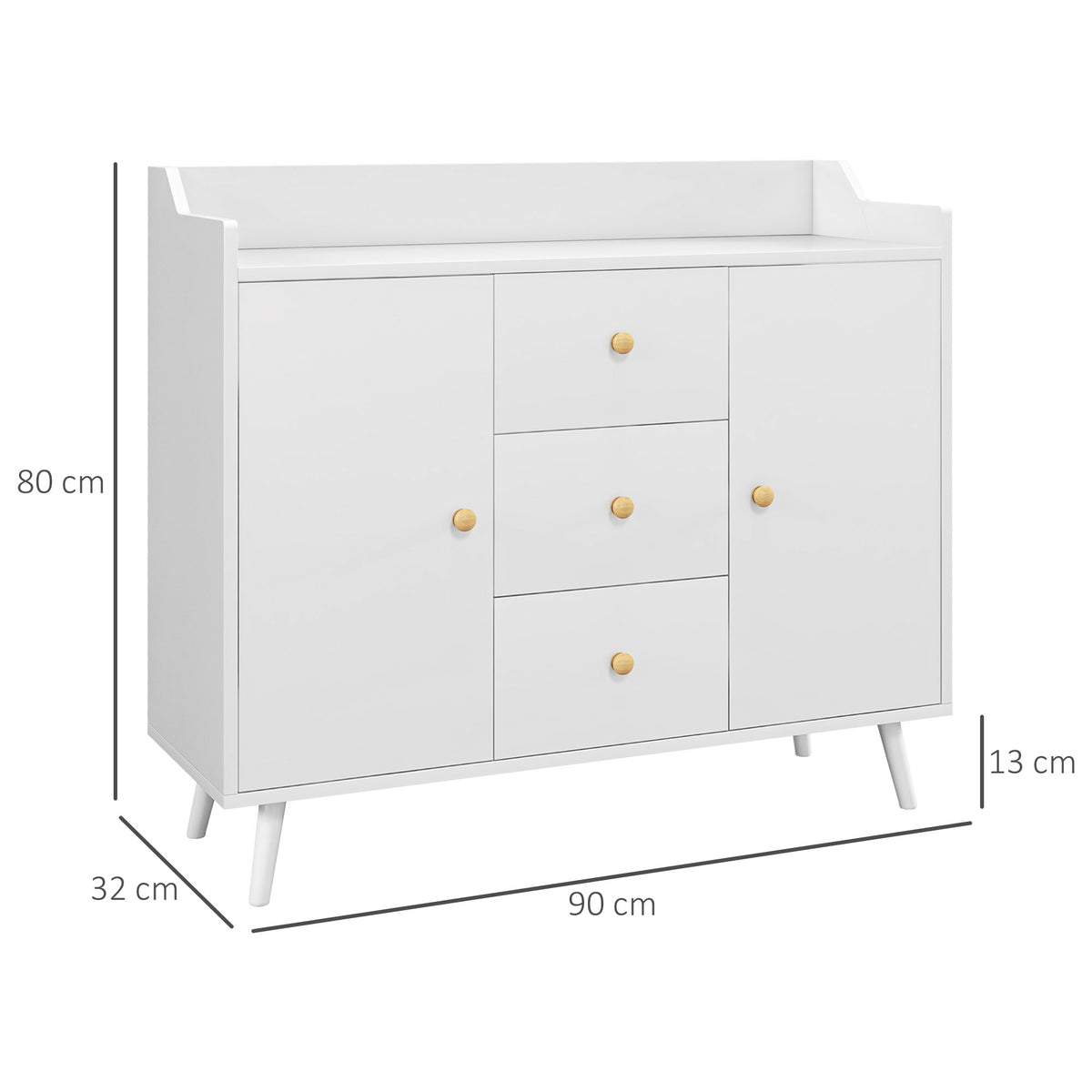 Buffet, meuble de rangement avec 2 portes, 3 tiroirs et pieds en bois massif, style moderne, 90 x 32 x 80 cm, blanc