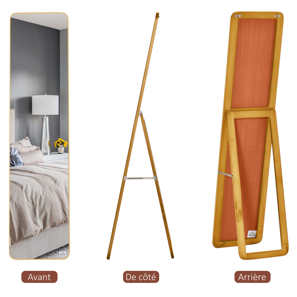 Grand miroir pleine longueur rectangulaire, 37 x 160 cm - miroir sur pied ou mural - pour chambre à coucher, salon et dressing, noyer clair