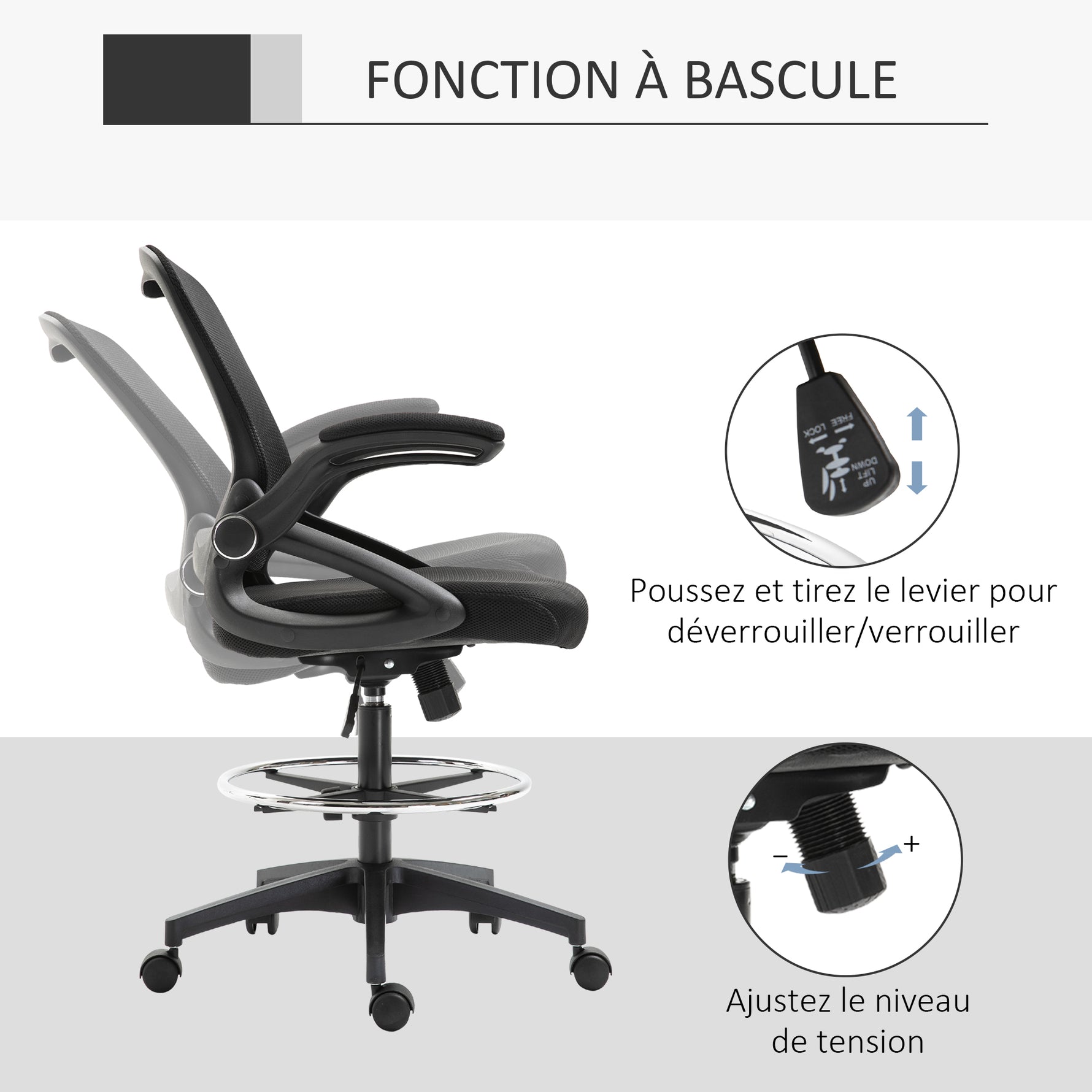 Chaise bureau ergonomique, fauteuil de bureau avec repose-pieds, chaise de dessin à dossier en maille, hauteur réglable, accoudoirs, assise rembourrée et pivotante 360°, noir