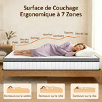 Matelas 140 x 190 cm, 20cm d'épaisseur, matelas à ressorts ensachés 7 zones mousse à mémoire forme au gel rafraîchissant