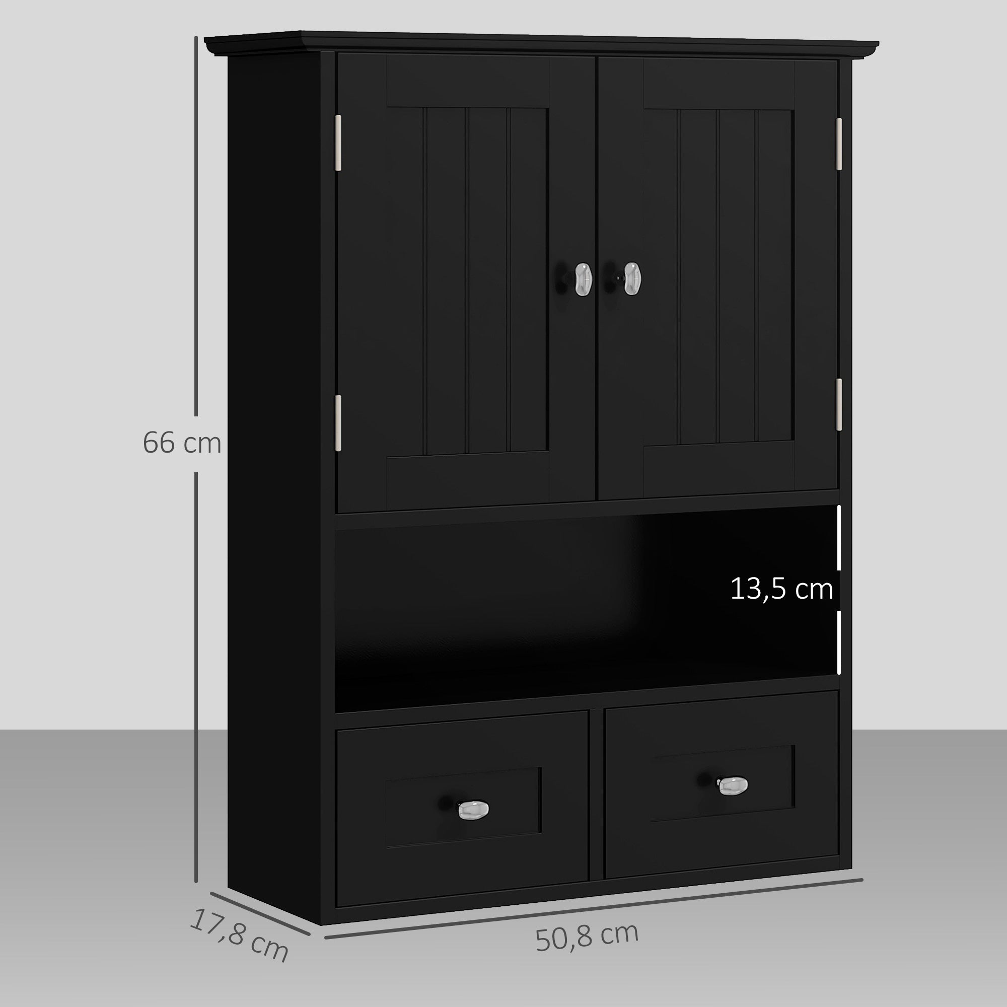 Armadietto pensile da bagno, mobiletto con specchio, con ante, ripiano, 2 cassetti, 50,8L x 17,8P x 66A cm, nero