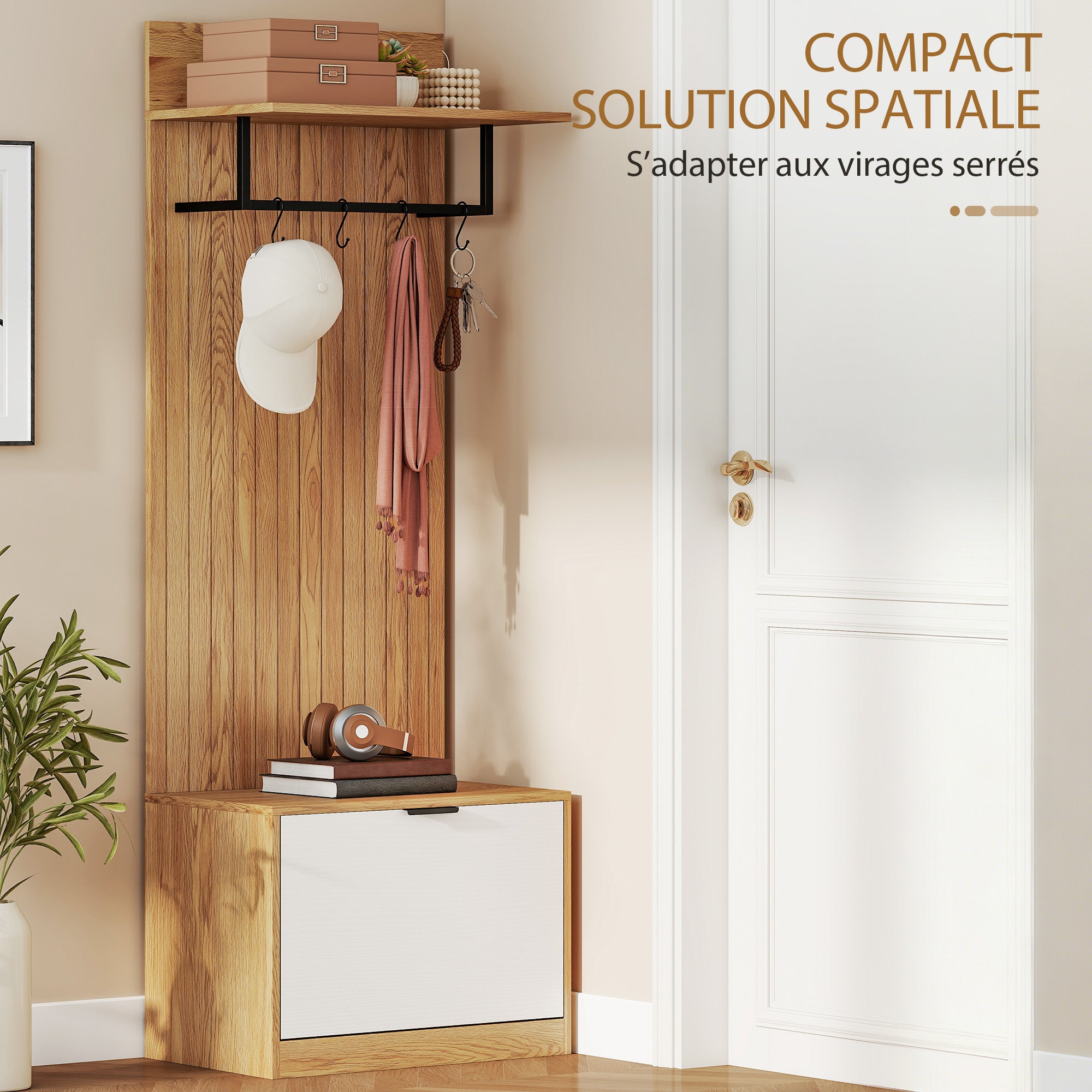 Mueble de entrada 5 en 1, perchero de entrada, zapatero abatible, estante y 4 ganchos, 60x30x170cm, roble
