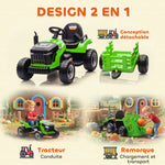 Tracteur électrique enfants avec remorque amovible, voiture électrique enfants, télécommande 2,4G, 139x58x55cm, vert