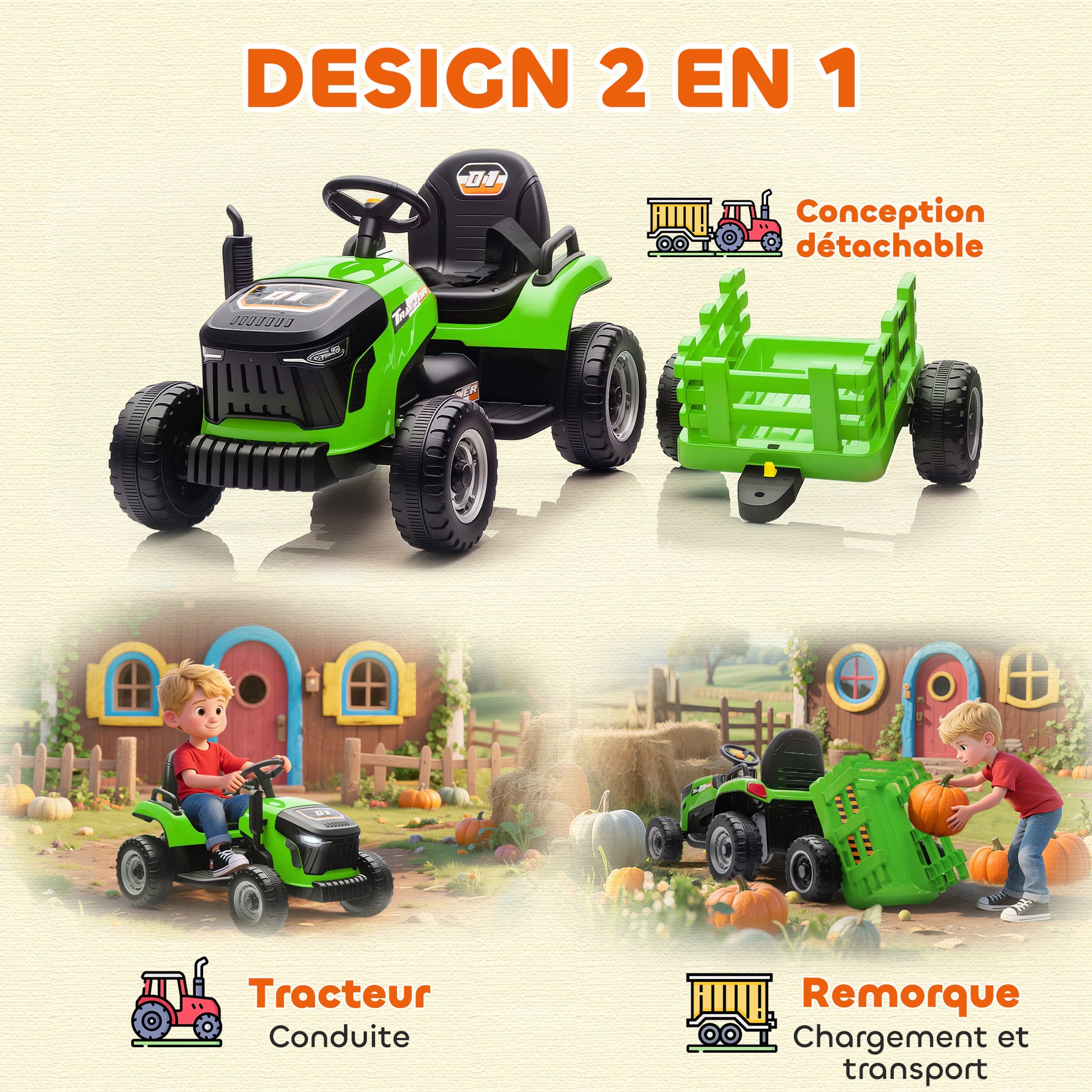 Tracteur électrique enfants avec remorque amovible, voiture électrique enfants, télécommande 2,4G, 139x58x55cm, vert