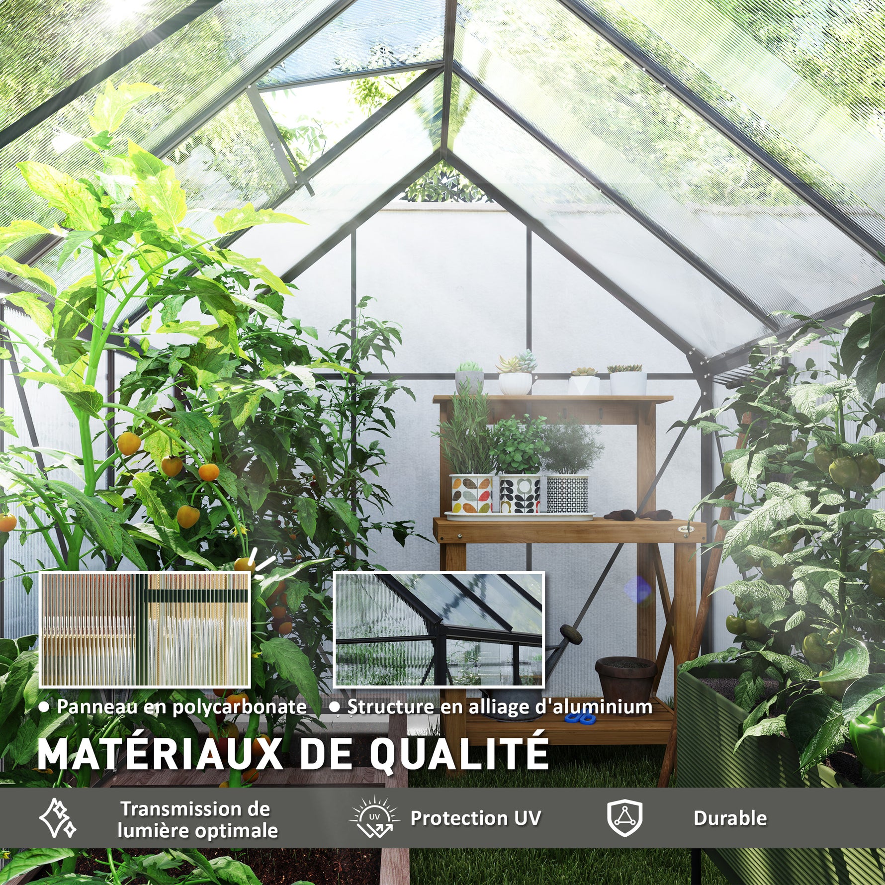 Serre de jardin en polycarbonate 4,8 m²avec fondation, lucarne réglable, porte coulissante 1,9x2,53x1,99m transparent