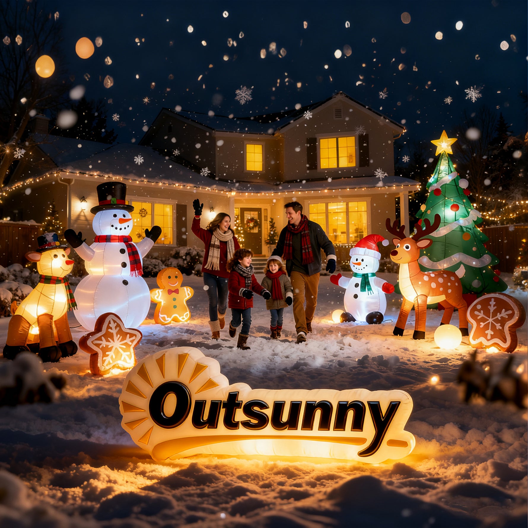 Père Noël gonflable de 2,1 m sur traîneau avec deux rennes, décoration de Noël gonflable avec lumières LED intégrées