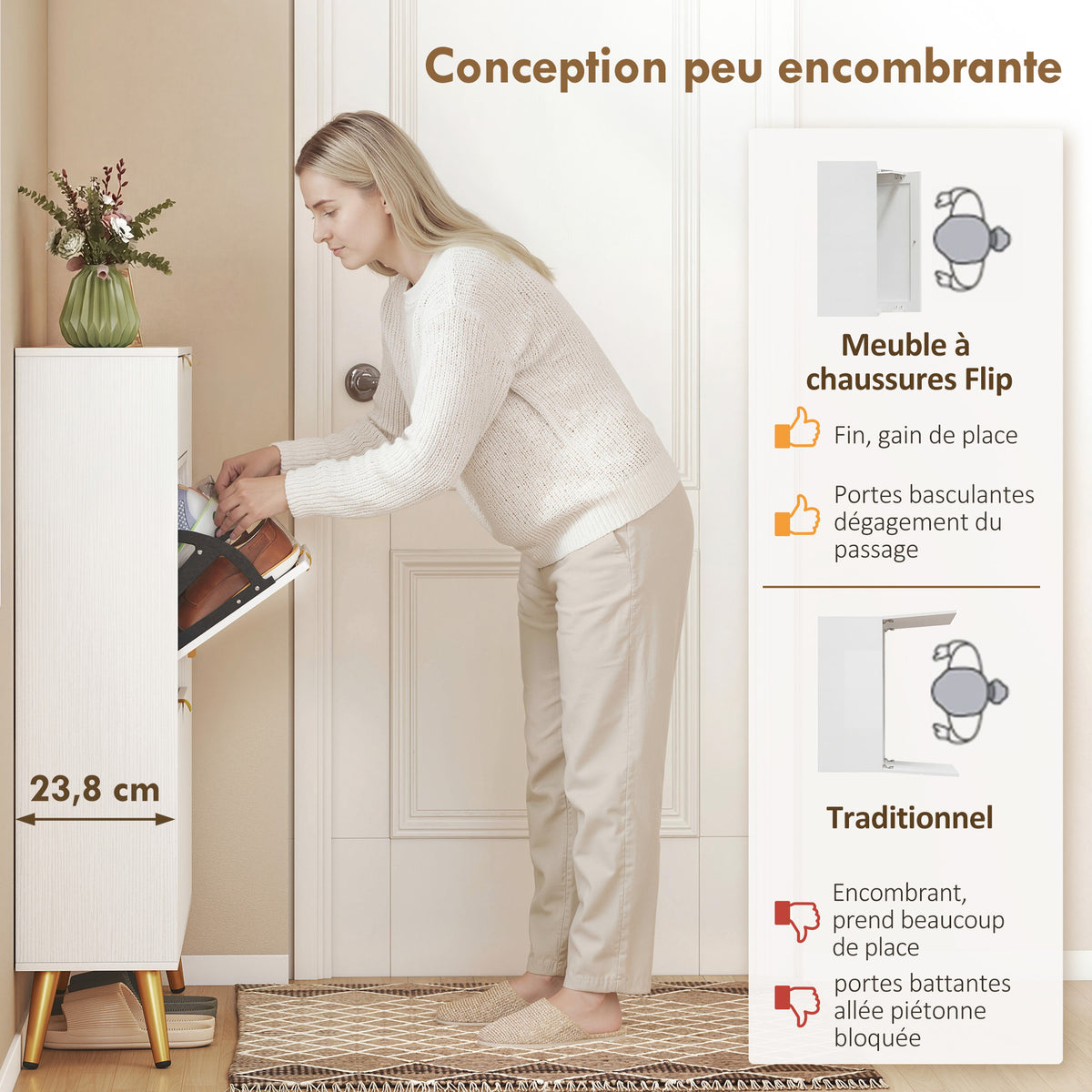 Meuble à chaussures 12 paires, armoire à chaussures, 2 tiroirs rabattables, 4 compartiments, 99,4x23,8x106,6cm, blanc