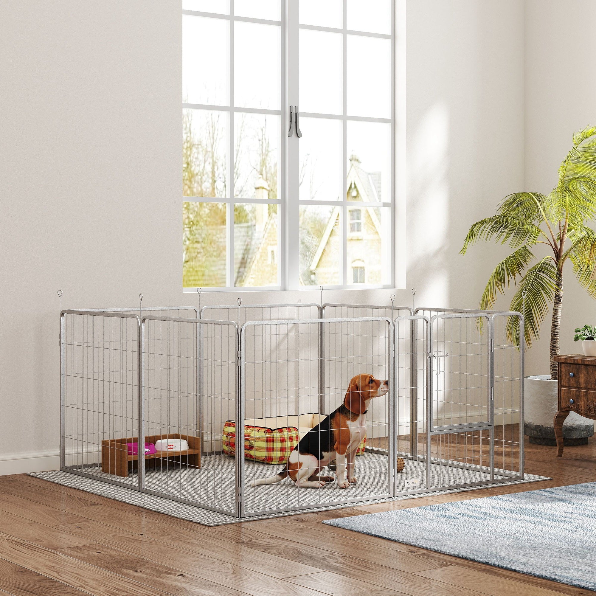 Parc pour chien enclos chien 8 panneaux modulable pliable acier avec porte pour chiot intérieur extérieur 80H cm argent