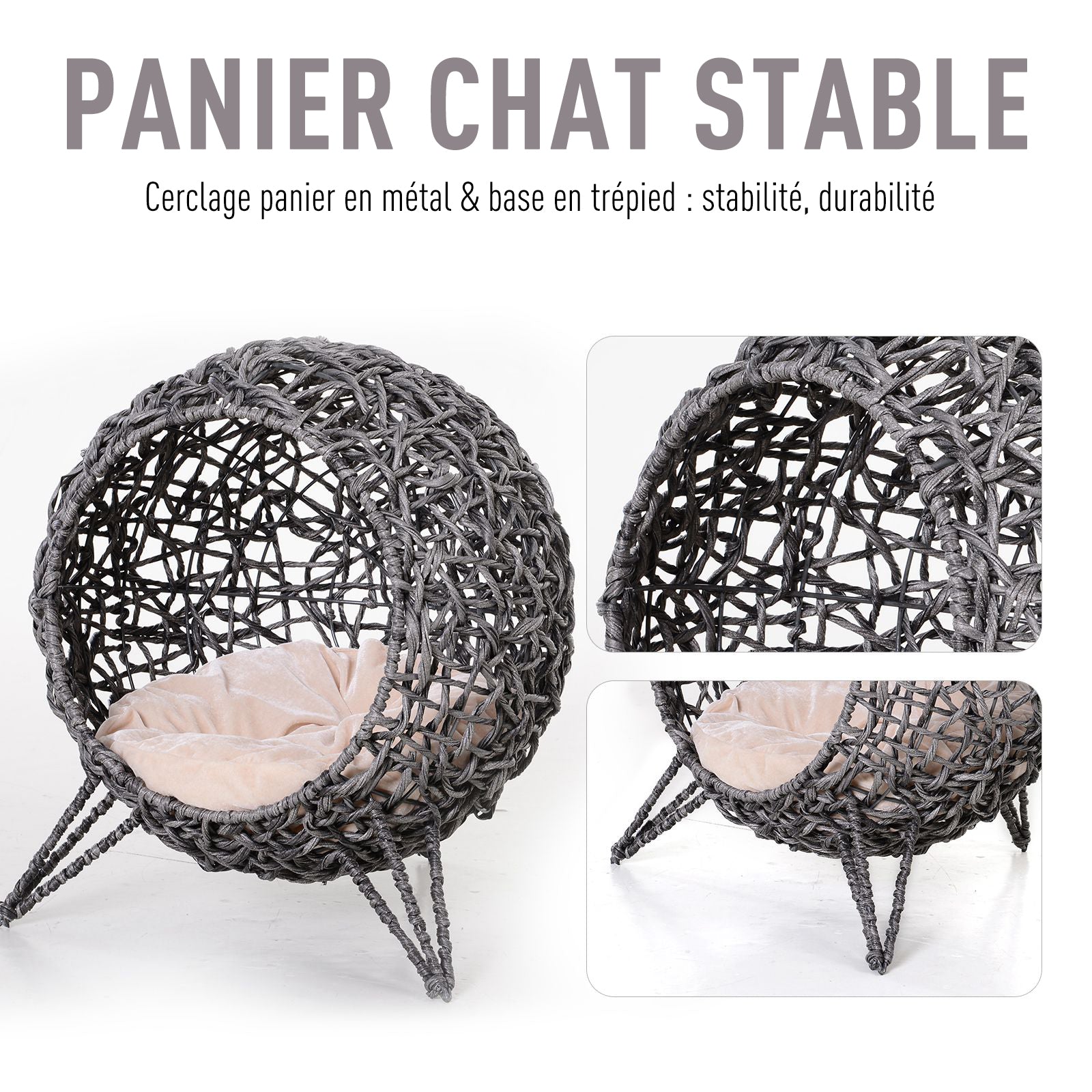Panier chat lit surélevé chat cosy niche grotte Ø 52 x 58H cm coussin moelleux inclus résine tressée imitation