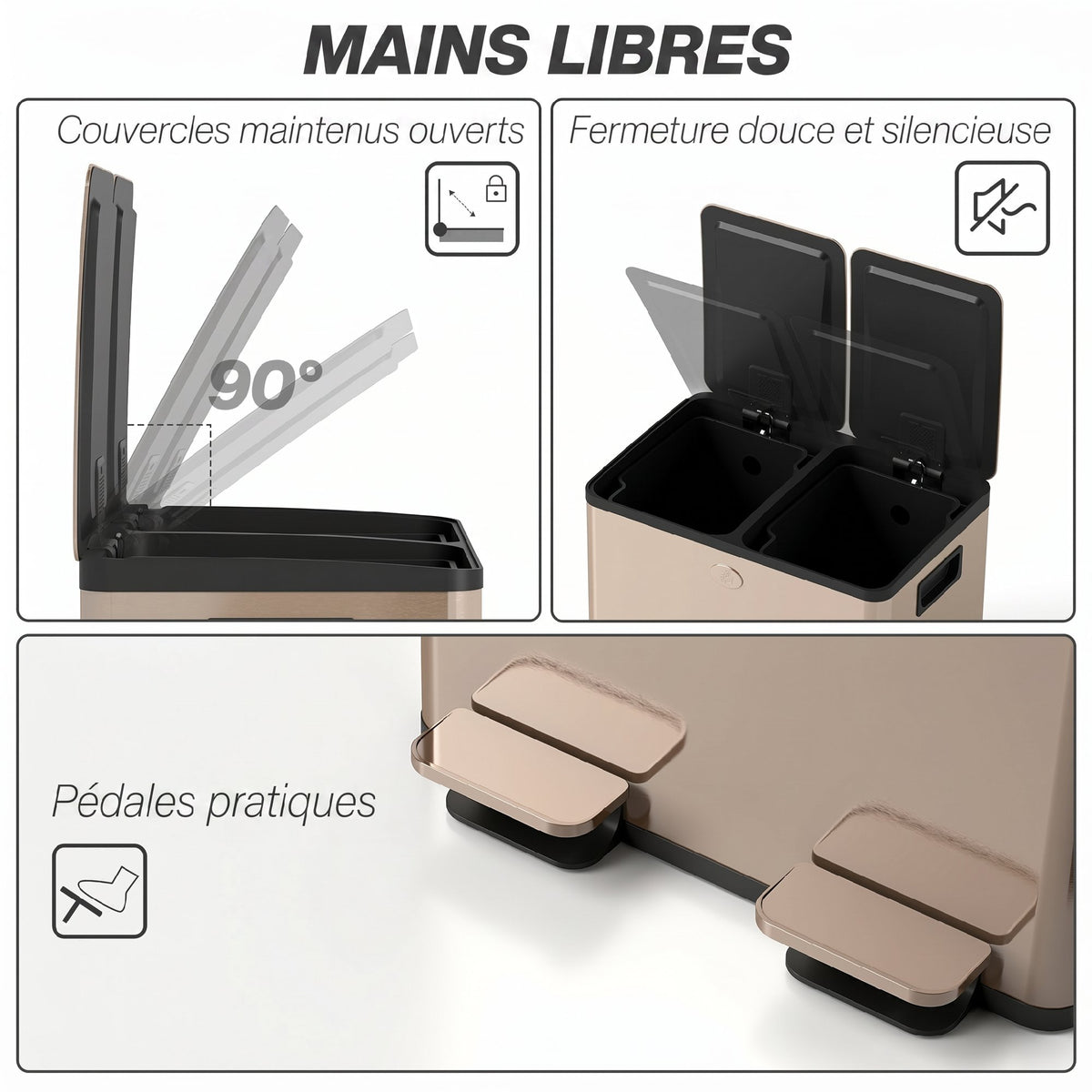 Poubelle de cuisine 2 compartiments de 2 x 28L, acier inoxydable, couvercle à fermeture douce, 45,8x36x67,6cm, or
