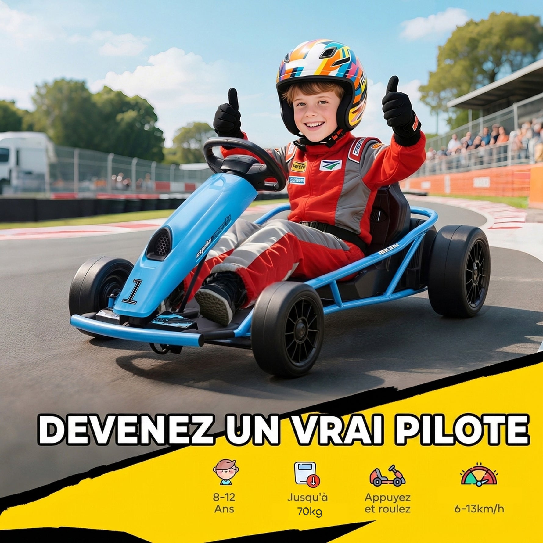Kart Électrique pour Enfants 24 V, Go Kart avec Mode Drift, 2 Moteurs, Démarrage Progressif, 2 Vitesses 6-13 km/h, Bleu
