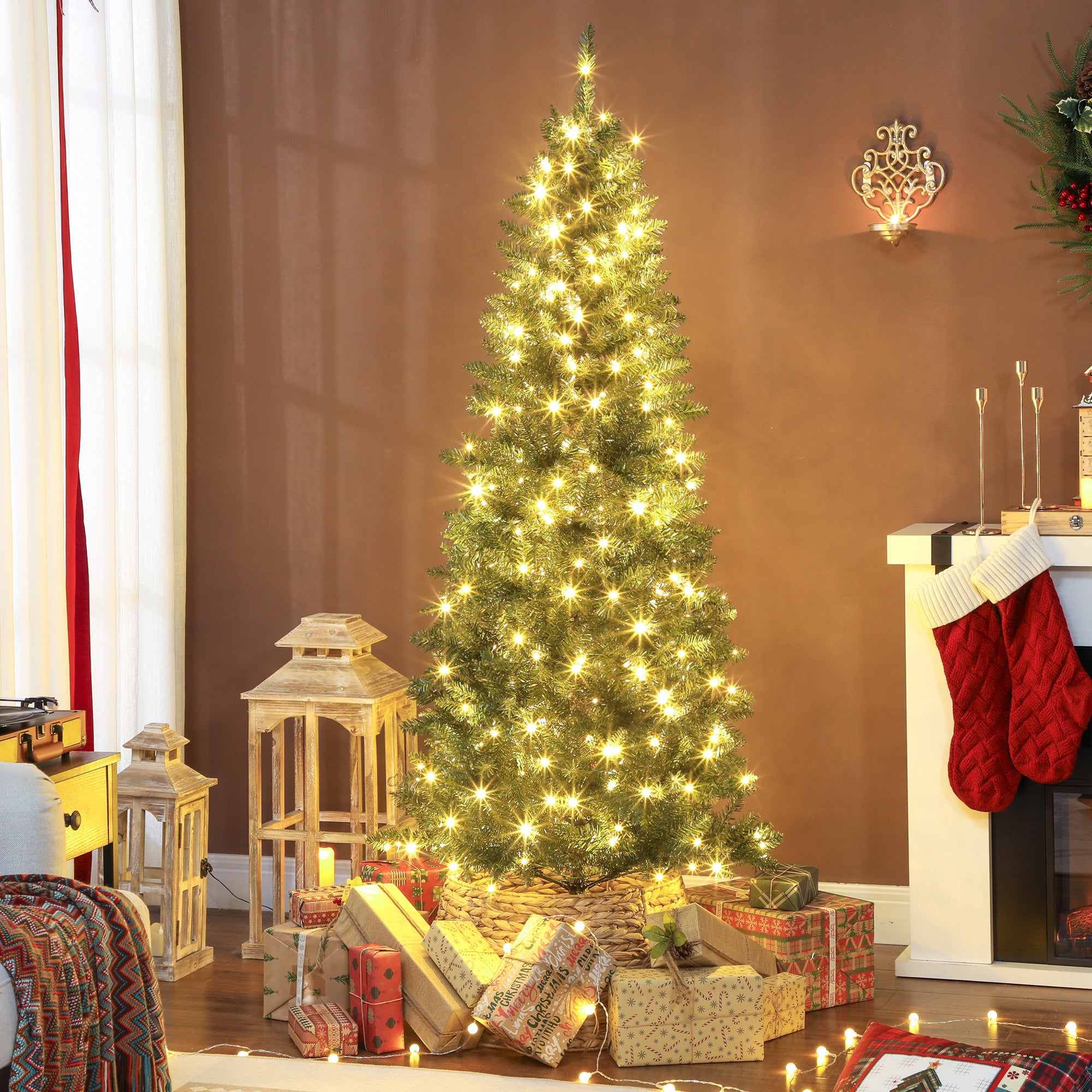 Sapin de Noël artificiel 180 cm, arbre de Noël fin avec 250 lumières, 899 pointes, support en métal pliable, vert