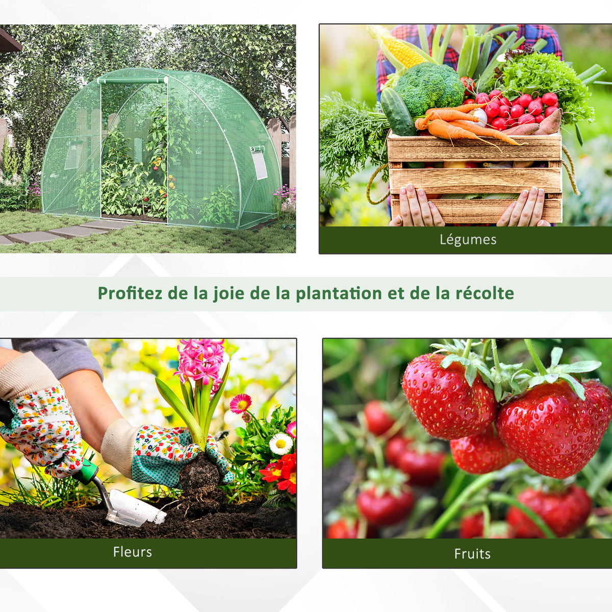 Serre de Jardin Tunnel serre d'hivernage Surface Sol 4,5 m² dim. 3L x 1,5l x 2H m châssis Tubulaire renforcé Porte zippée 2 fenêtres enroulables Vert