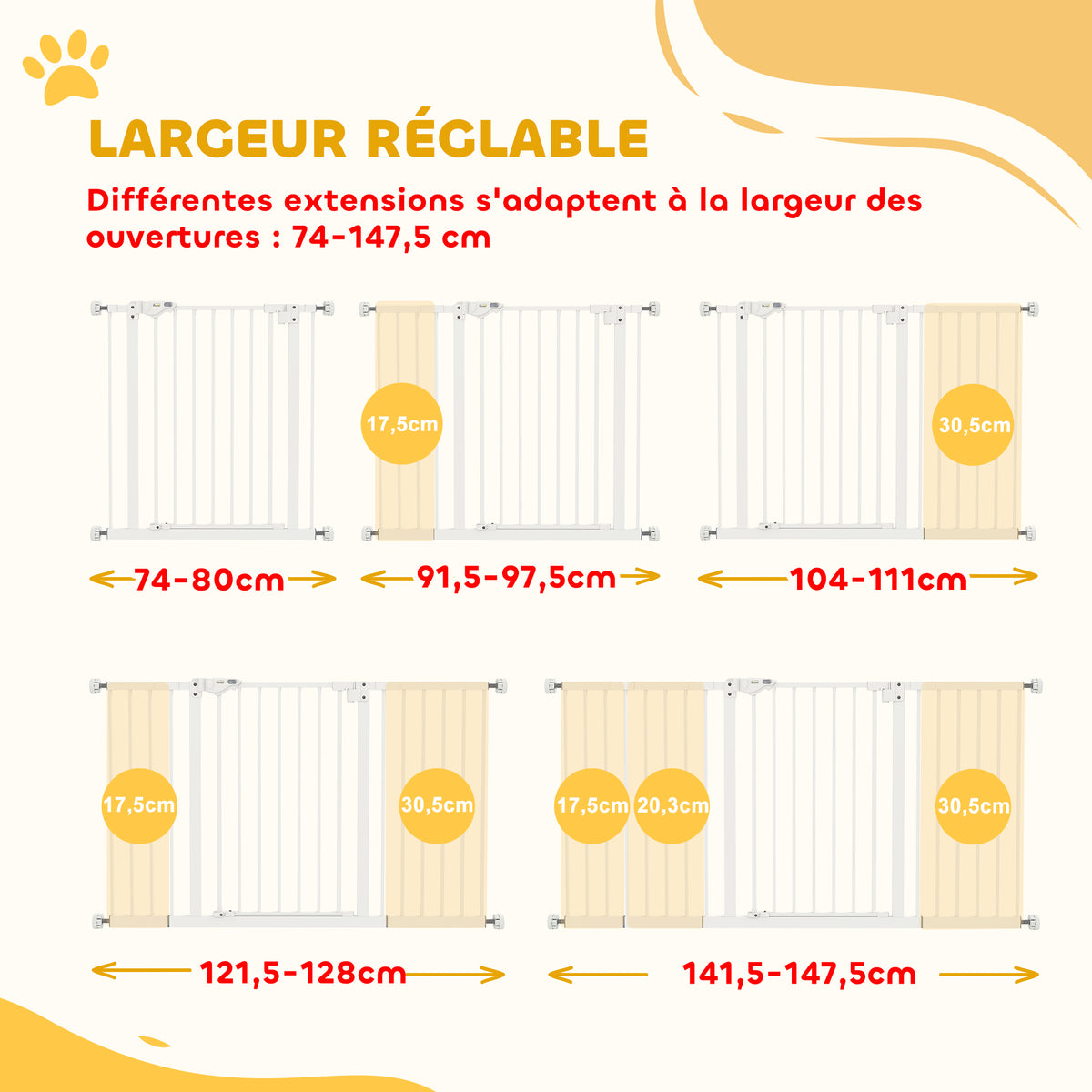 Barrière de sécurité animaux porte fermeture automatique système de double verrouillage sans perçage 3 extensions blanc