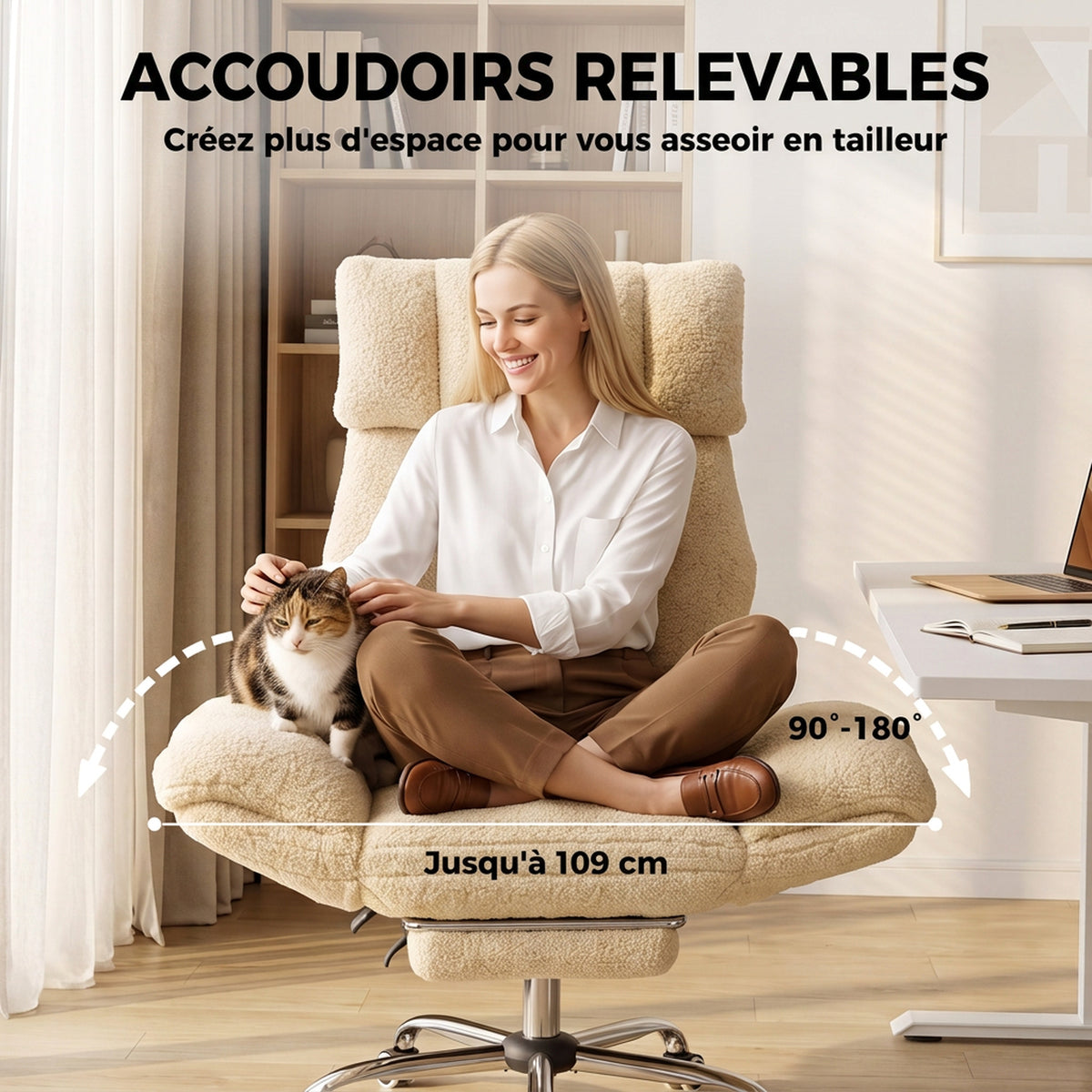 Sedia da ufficio ergonomica con braccioli ribaltabili a 5 livelli, poltrona da ufficio reclinabile in tessuto teddy, crema