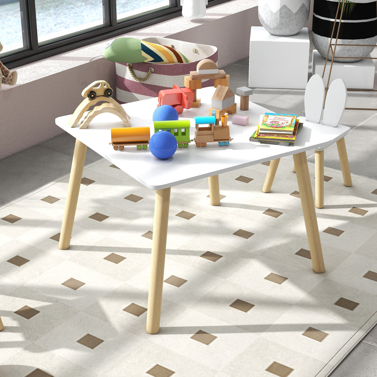 Ensemble table et 2 chaises enfant design scandinave motif oreille de lapin bois pin blanc