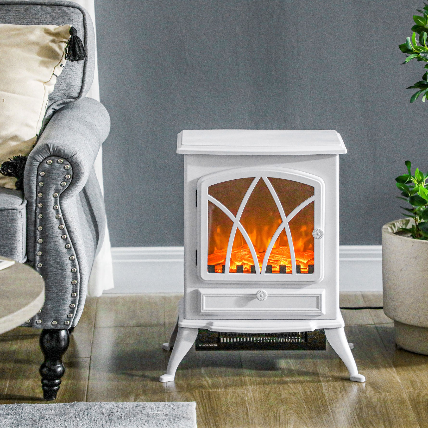 Cheminée électrique sur pied 1000/2000 W, fausse cheminée décorative avec effet flamme LED, blanc