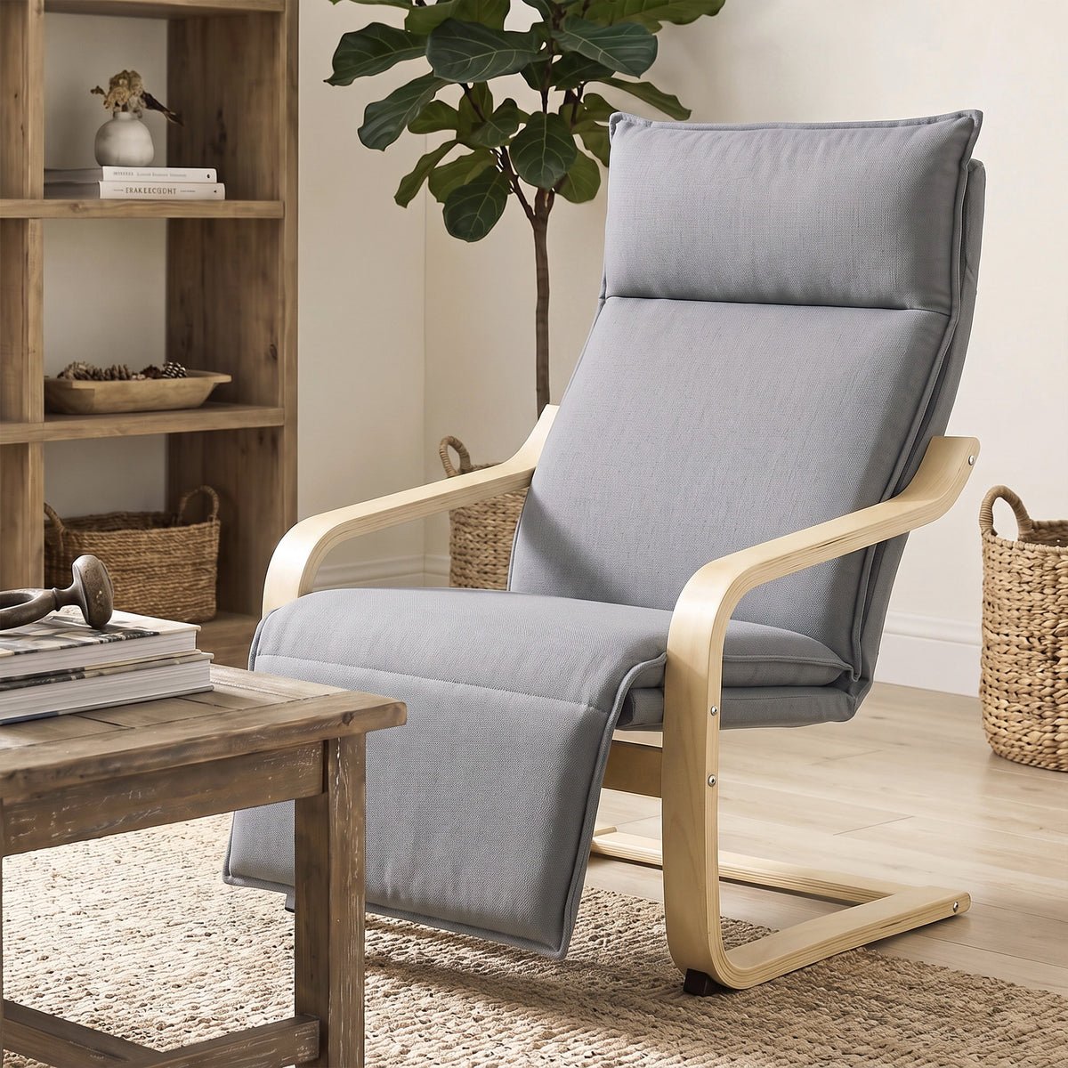 Fauteuil Salon, Fauteuil d'Appoint Rembourré en Lin avec Repose-Pieds, Assise Large, Bascule Douce, Dossier Haut, Gris