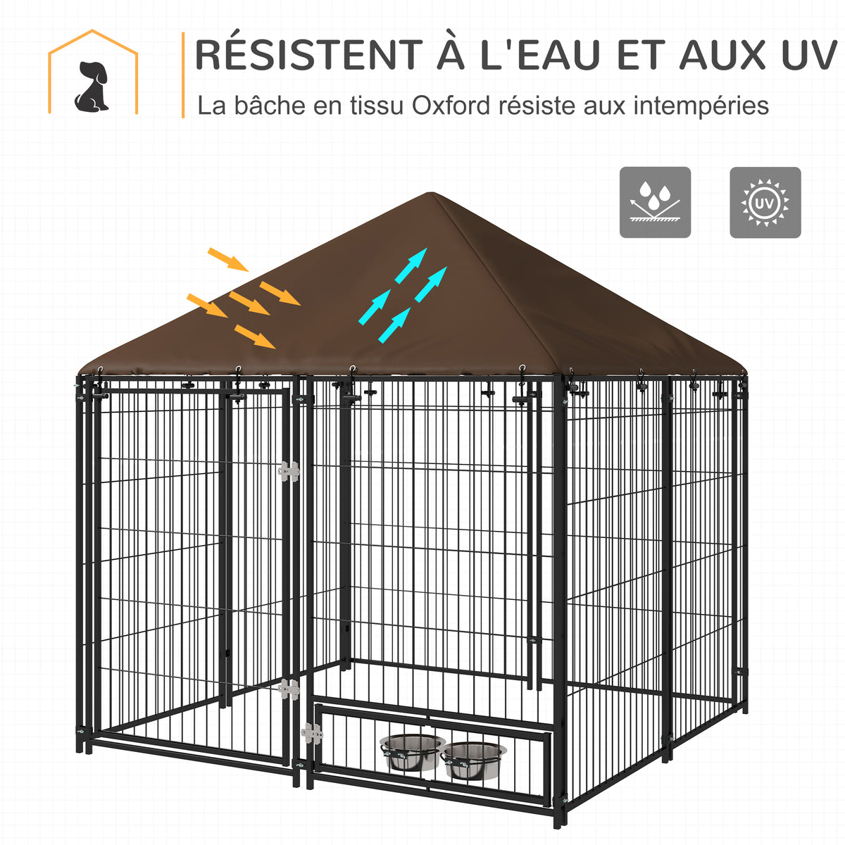 Chenil extérieur pour Chiens en métal et Tissu Oxford Support gamelle et Toit résistant aux intempéries Espace spacieux