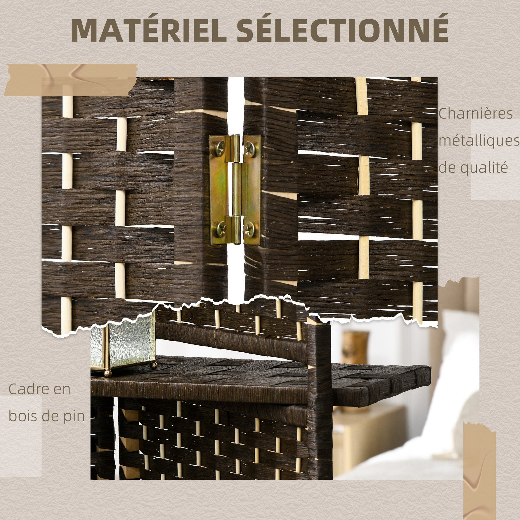 Paravent séparateur de pièce 4 panneaux 160 x170 cm avec 2 étagères, pliable, en bois
