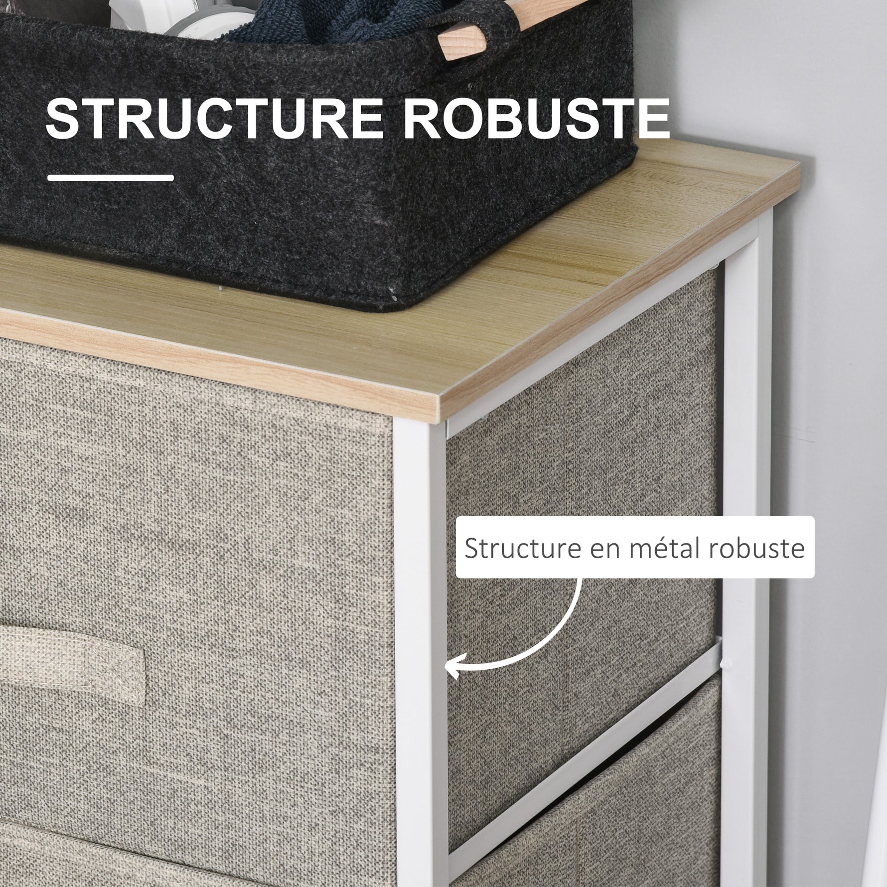 Meuble de rangement chiffonnier moderne 3 tiroirs en tissu, cadre en acier et MDF, 45 x 30 x 71 cm, gris-4