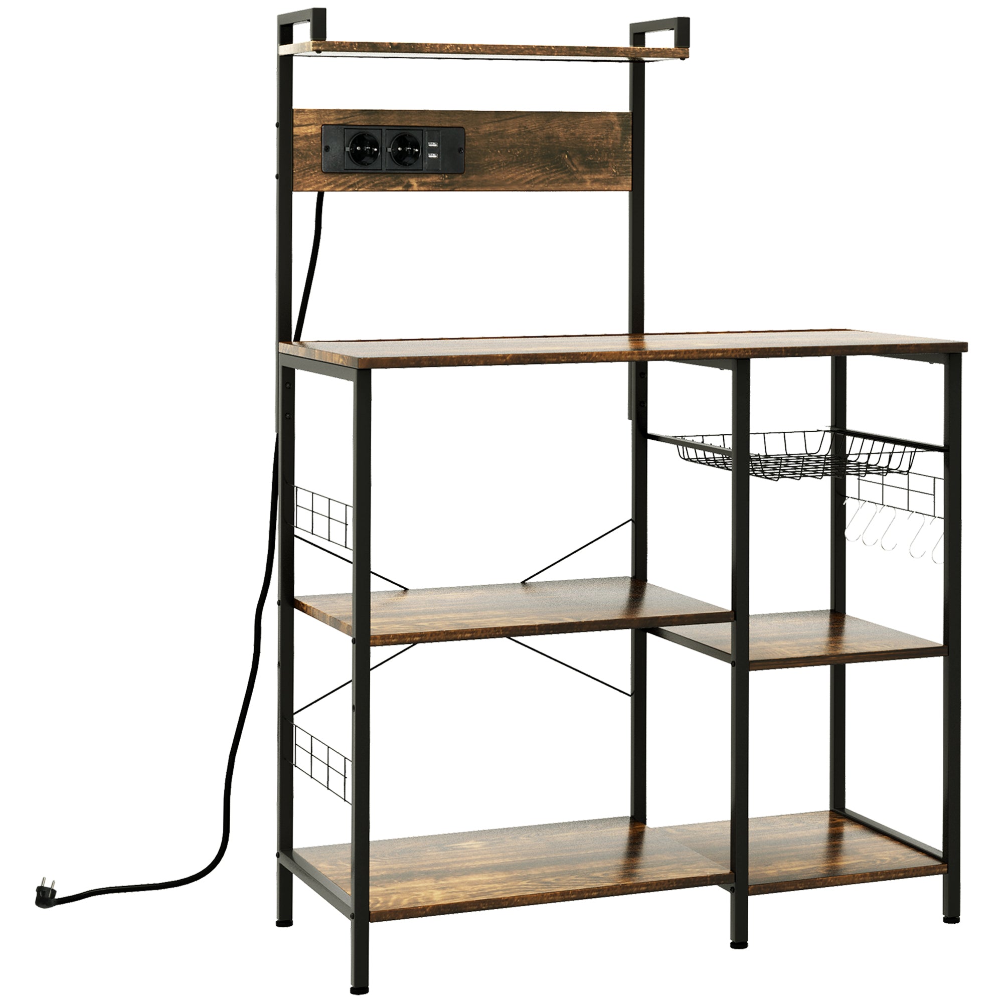 Mueble de cocina con enchufes integrados para microondas con estantes, estilo industrial, 90x42x130cm, marrón