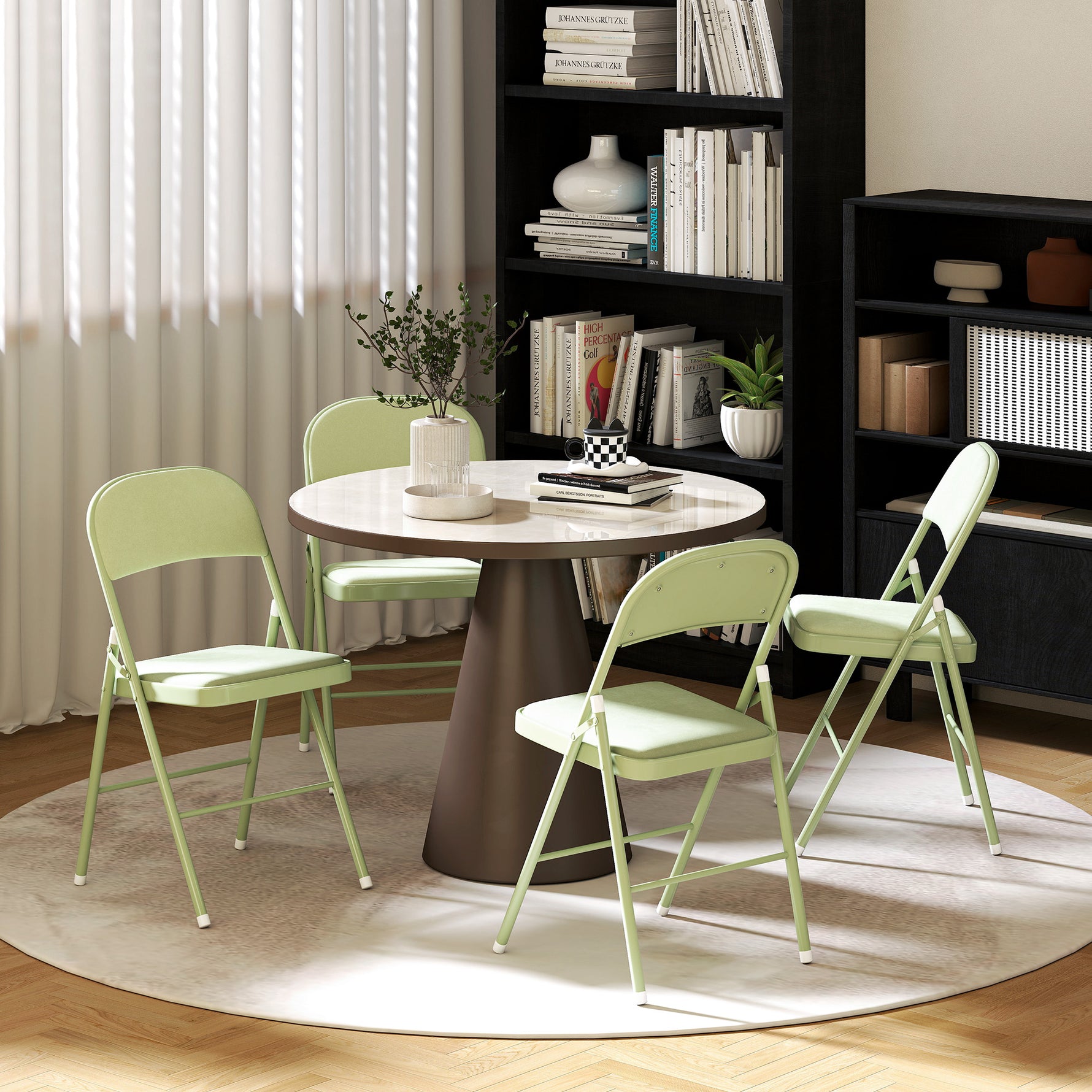 Lot de 4 chaises pliantes et portables intérieur avec assises et dossiers rembourrés en velours, cadre en acier, vert