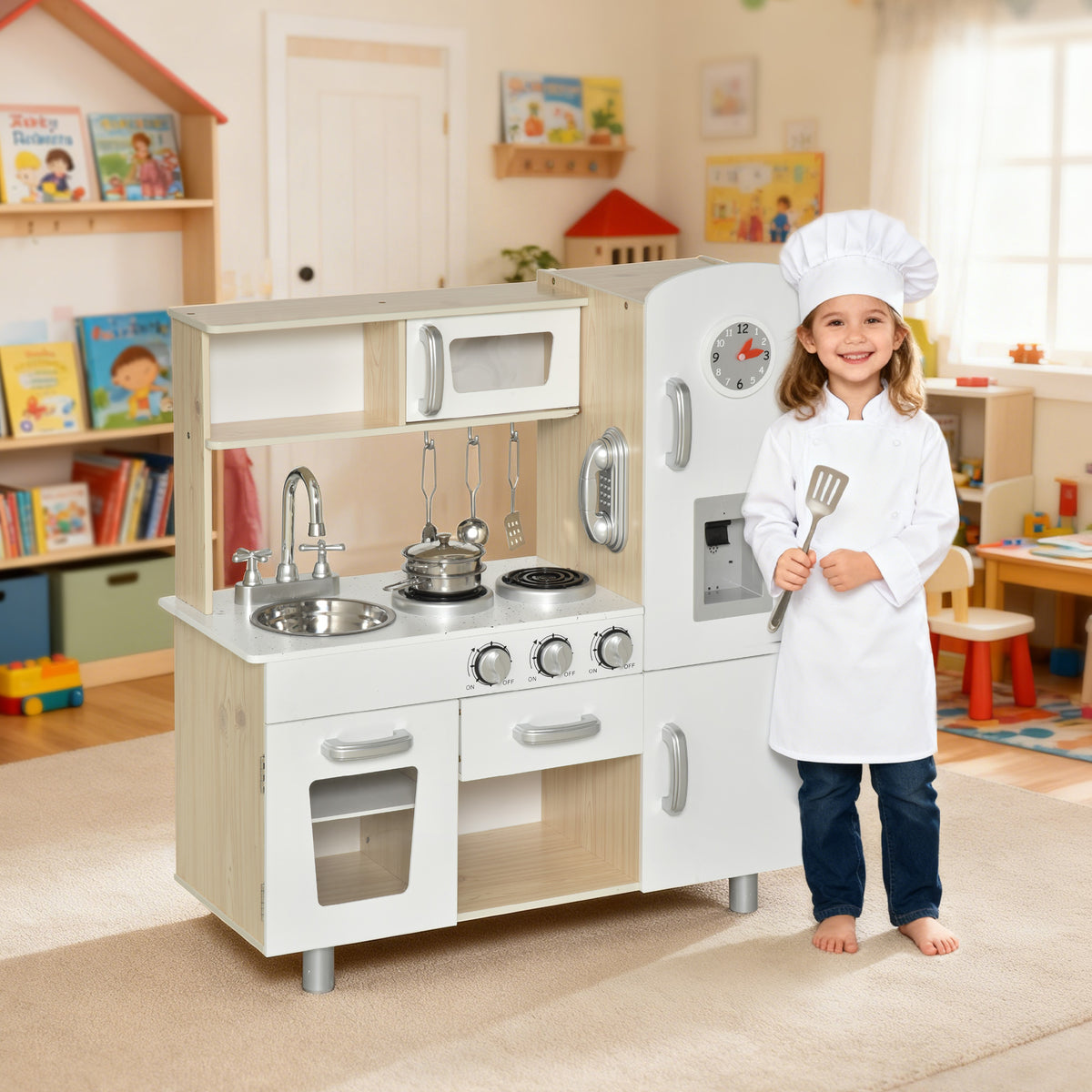 Cuisine Bois Jeu d'imitation - Cuisine Enfant - Nombreux Accessoires & rangements Inclus - MDF pin Blanc chêne Clair