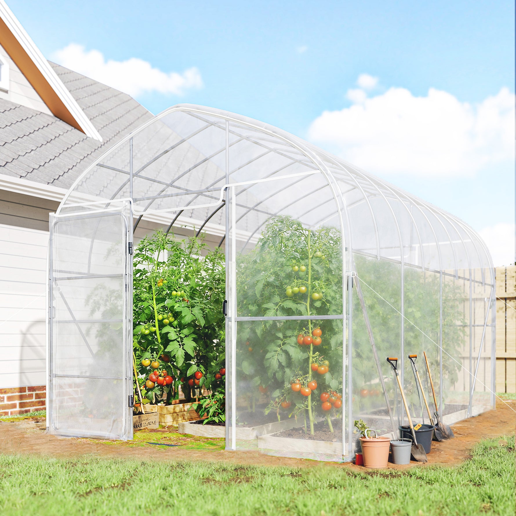 Serre Tunnel de Jardin 12m² Film PO Anti-goutte Acier Galvanisé 25mm Structure Renforcée 2 Portes Battantes Transparent