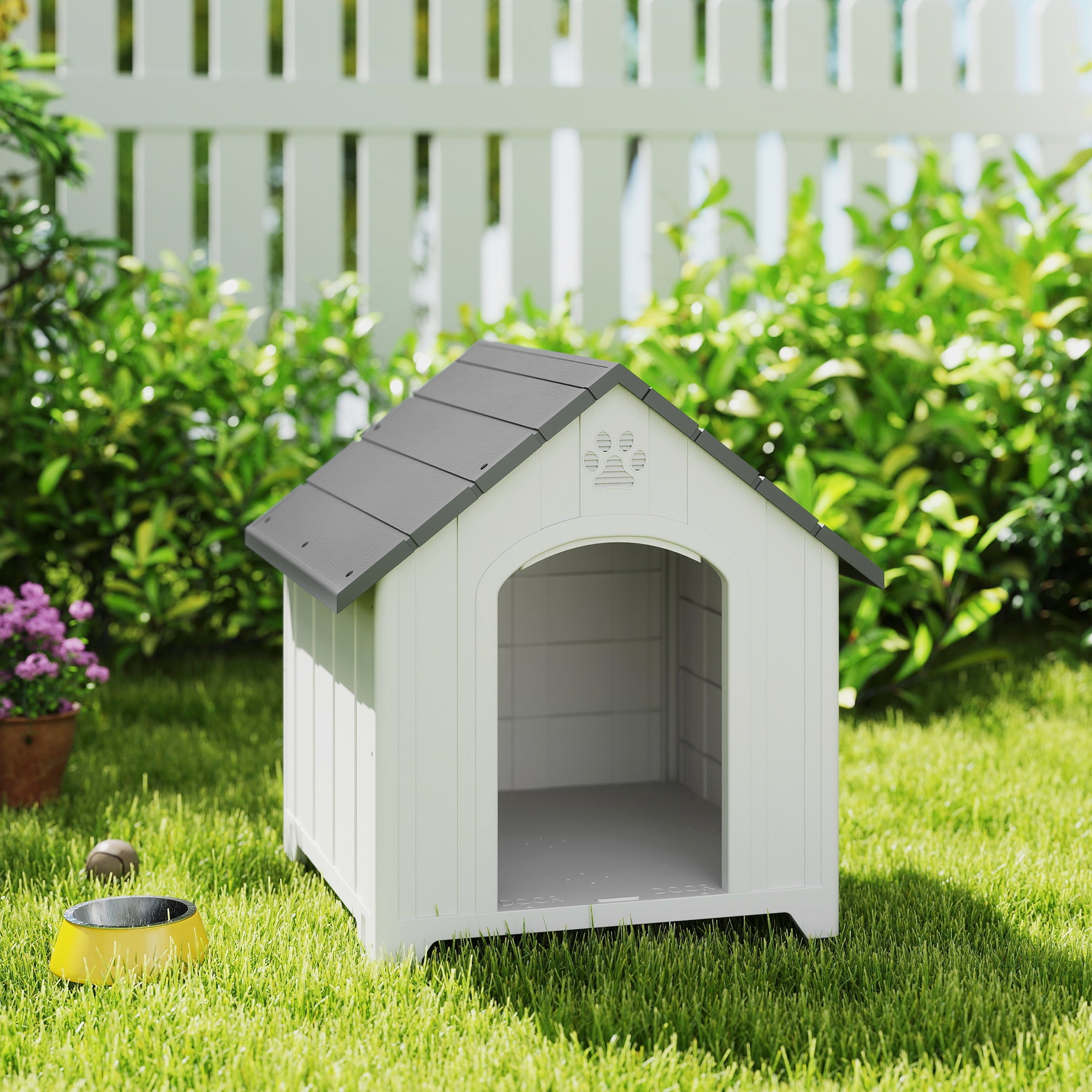 Caseta para perro de exterior, casa para perro de polipropileno impermeable, ventilada, suelo elevado, gris claro