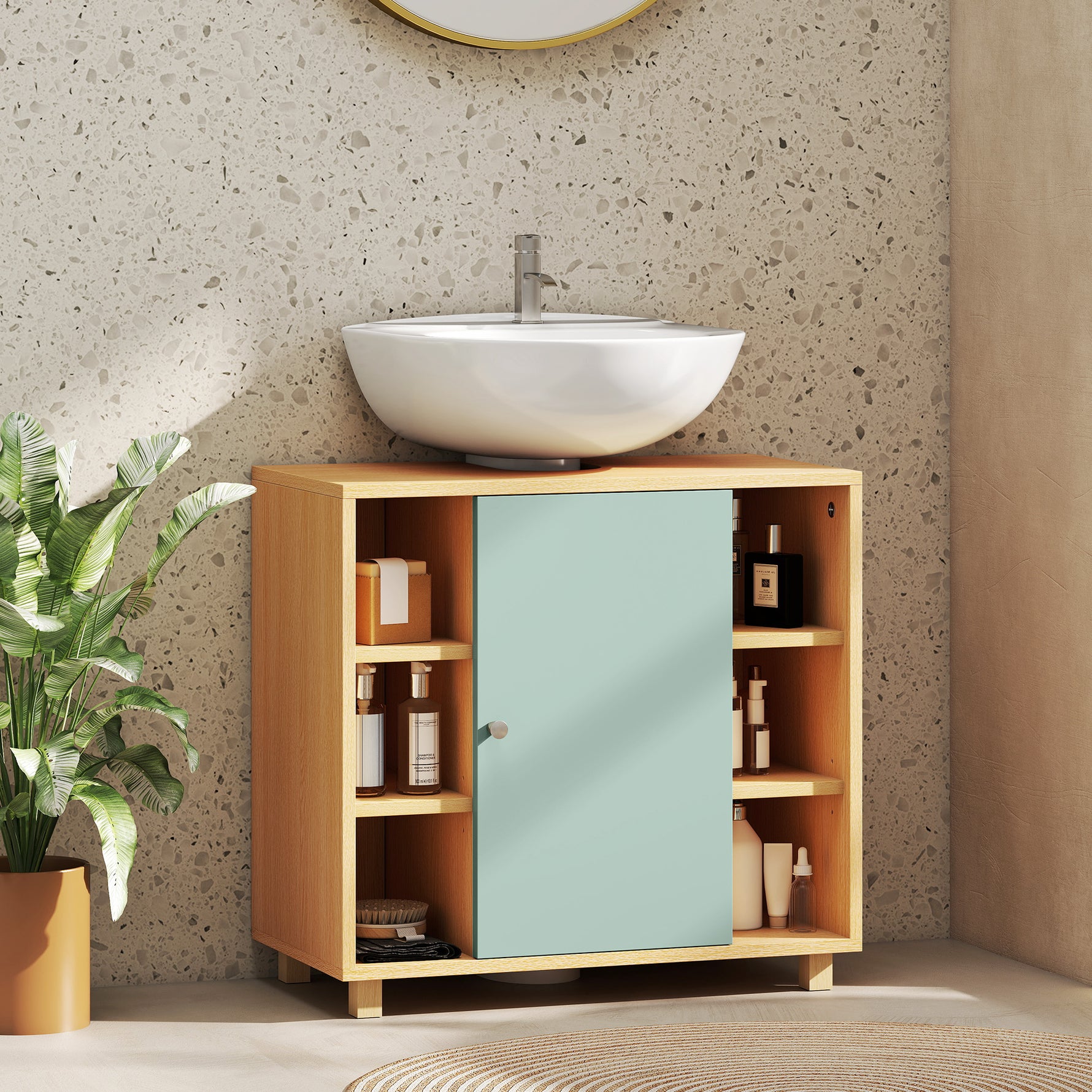 Meuble sous lavabo, meuble de salle de bain avec 6 étagères ouvertes et porte à fermeture amortie 60 x 33 x 57 cm, vert