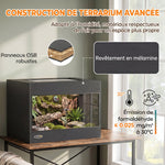 Terrarium pour Reptiles en Bois OSB, Porte en Verre Trempé, Serrure Sécurisée et Couvercle en Filet, 60x45x45cm, Noir