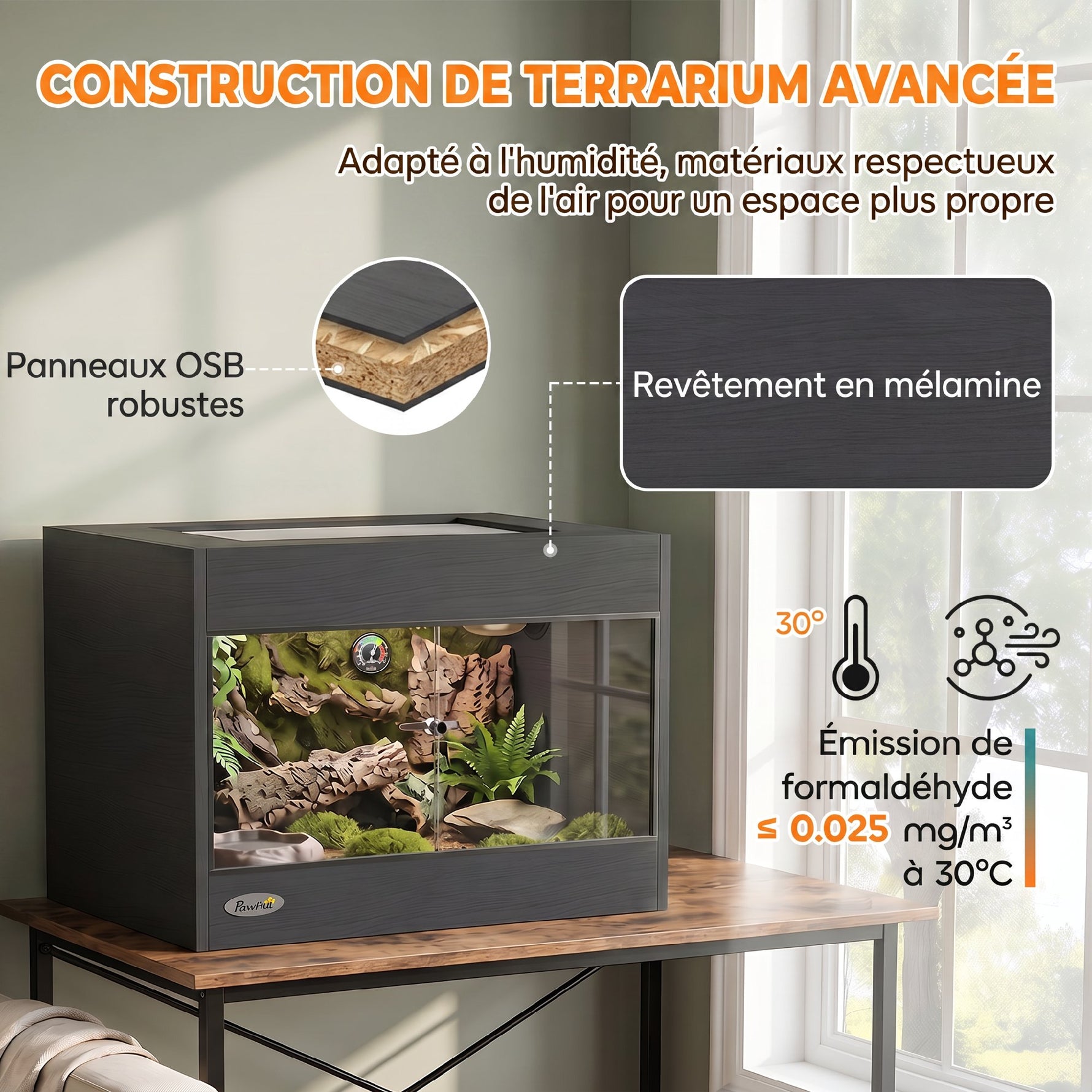 Terrarium pour Reptiles en Bois OSB, Porte en Verre Trempé, Serrure Sécurisée et Couvercle en Filet, 60x45x45cm, Noir