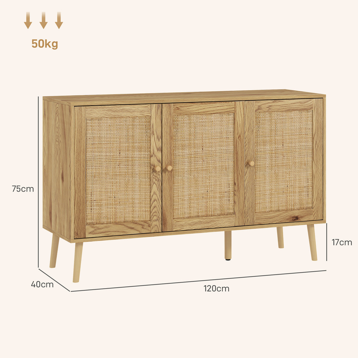 Woonkamerbuffet opbergmeubel met kasten met rotangdeuren en verstelbare plank, natuurlijk hout