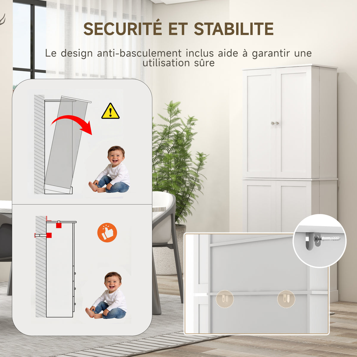 Armoire de cuisine buffet cuisine avec placards, étagère réglable et porte-épices, 60 x 35 x 166 cm, blanc